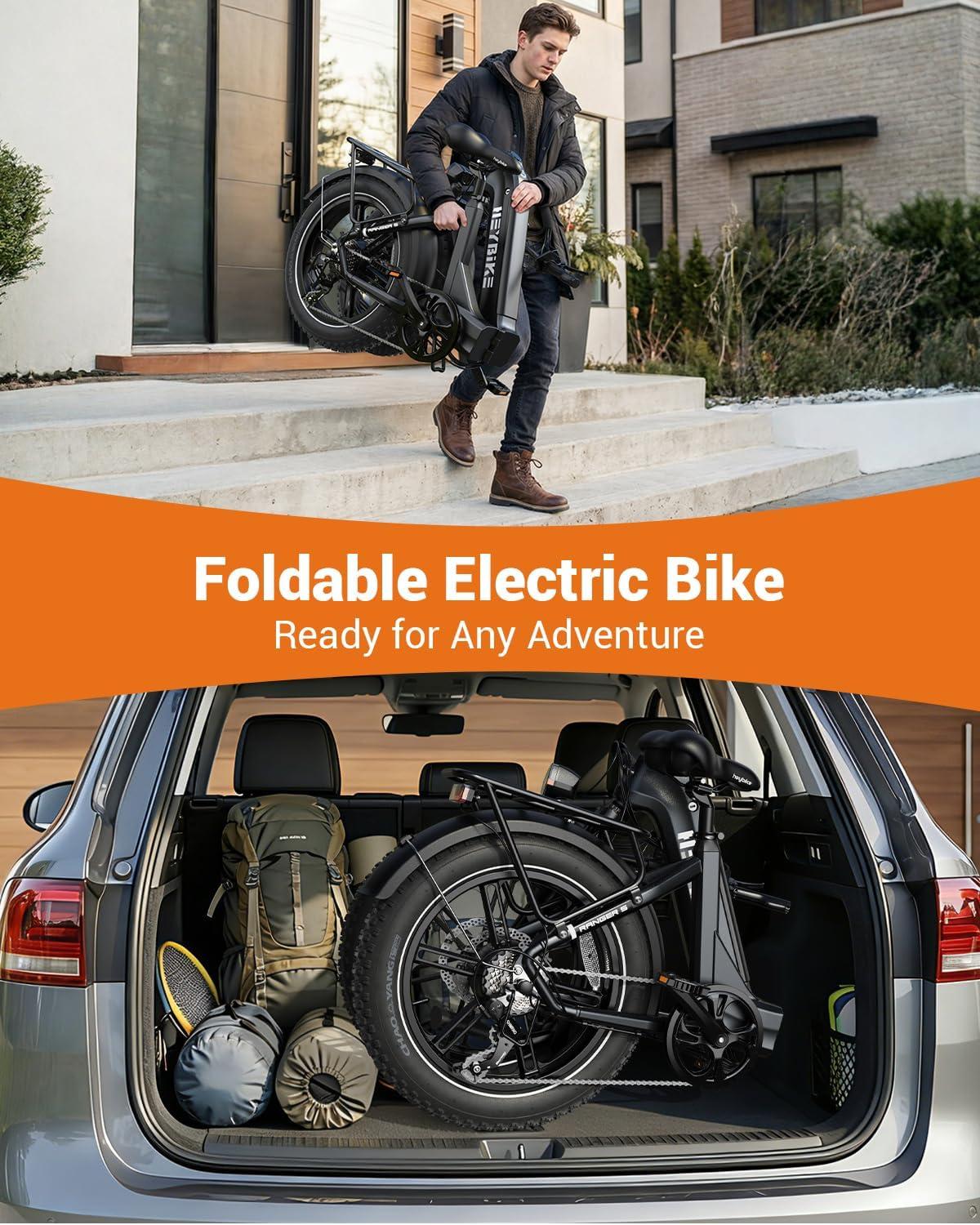 Heybike Ranger Foldable Electric Bike for Adults, 1200W/1800W Peak Motor, 28/32MPH E Bike, 55/90 Miles Range, 20″x4.0″ Fat Tire Ebike with Removable Battery, Hydraulic Brakes for Snow, Beach,Commuting(Mist Gray)