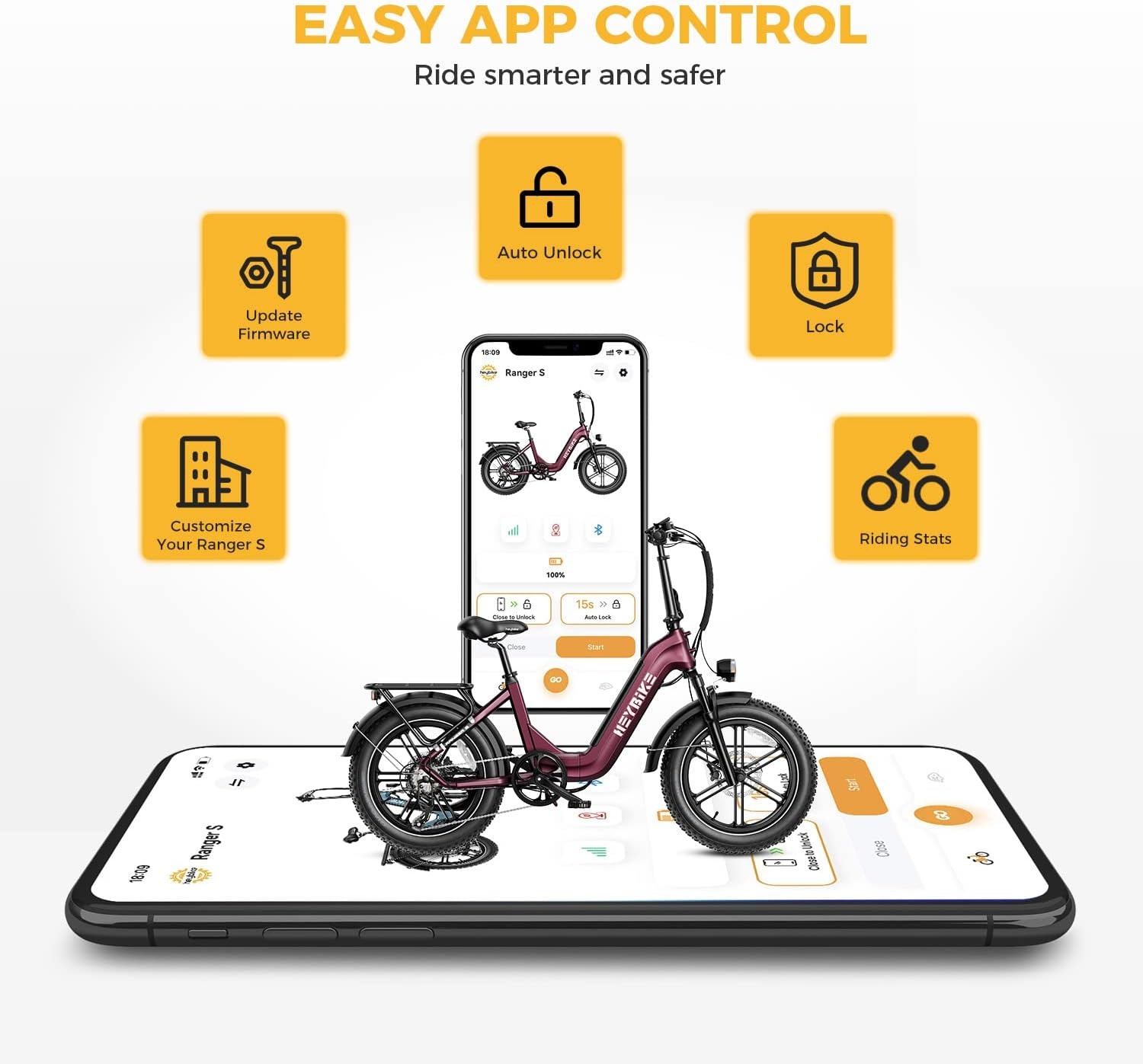 Heybike Ranger S Electric Bike for Adults, Foldable 1400W Peak Motor Ebike, 20″ x 4.0″ Fat Tire Step-Thru Electric Bicycle, 48V 14.4AH Removable Battery Commuter E Bike, 7-Speed Hydraulic Fork
