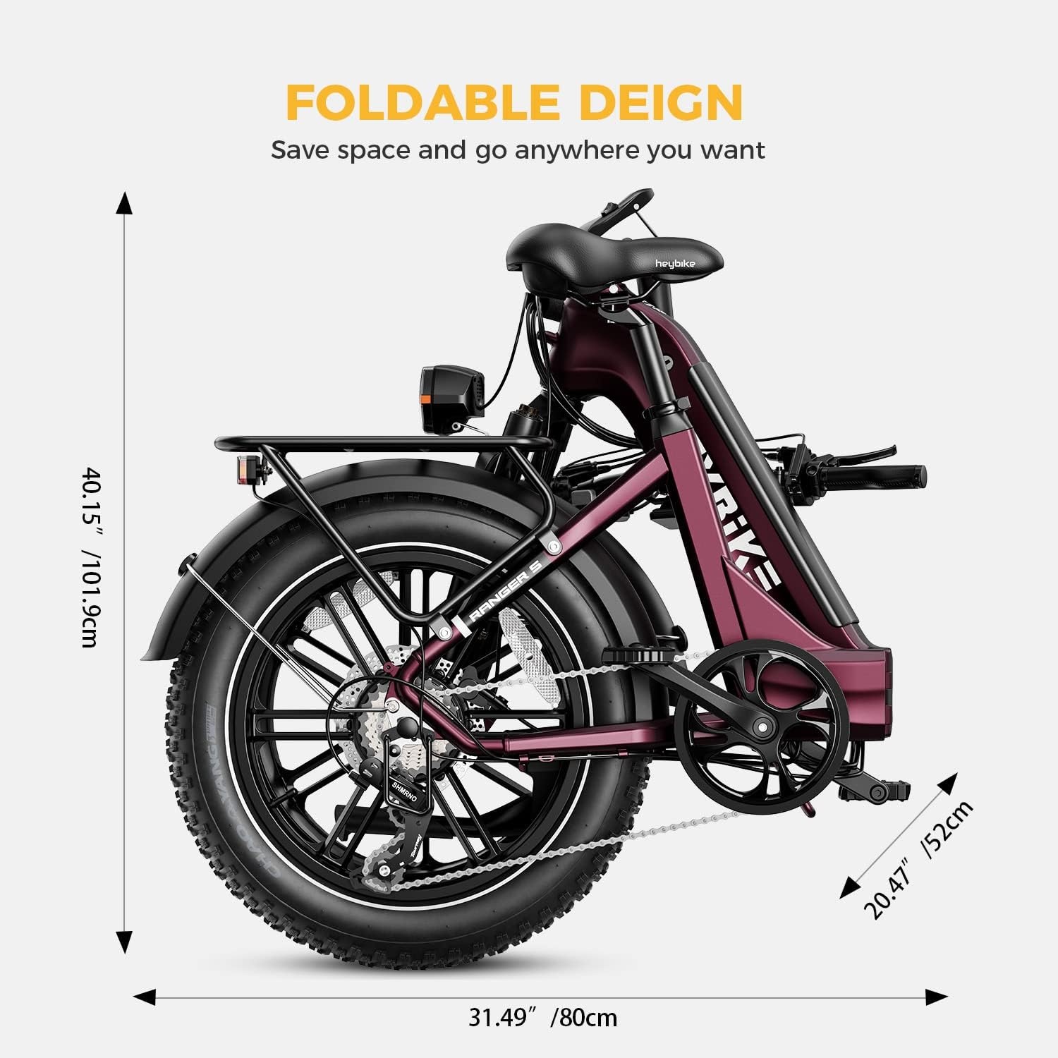 Heybike Ranger S Electric Bike for Adults, Foldable 1400W Peak Motor Ebike, 20″ x 4.0″ Fat Tire Step-Thru Electric Bicycle, 48V 14.4AH Removable Battery Commuter E Bike, 7-Speed Hydraulic Fork