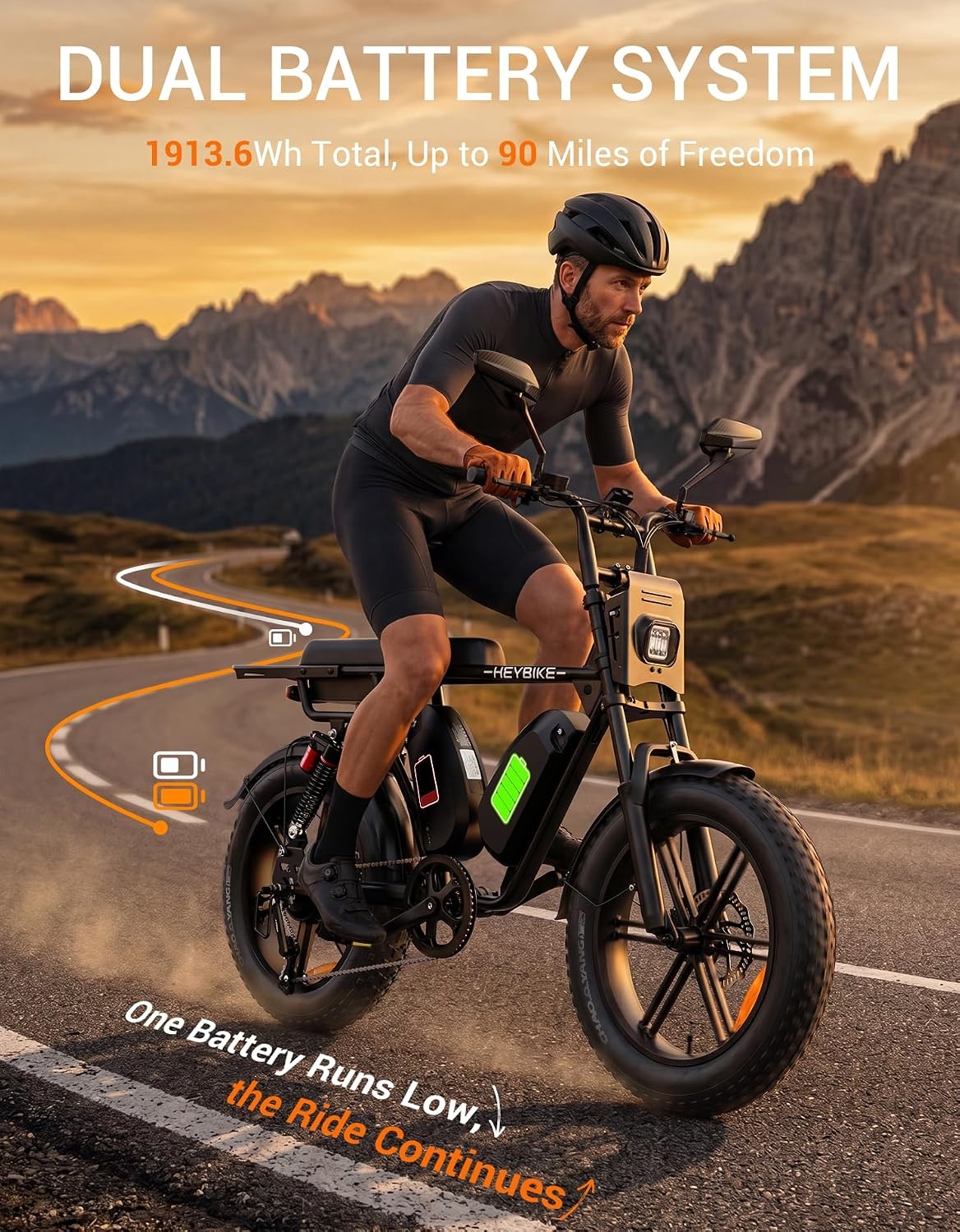 Heybike Saturn Electric Bike for Adults with 1800W Peak, 956.8Wh/1913.6Wh Removable Battery (52V 18.4A), 50/90 Miles, 20″x4.0″ Fat Tire All-Terrain Ebike for Commuting/Off-Road Riding(Dark Knight)