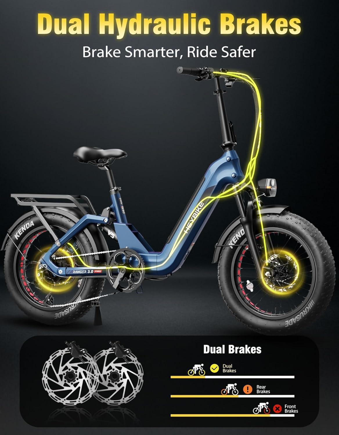 Heybike Ranger Foldable Electric Bike for Adults, 1200W/1800W Peak Motor, 28/32MPH E Bike, 55/90 Miles Range, 20″x4.0″ Fat Tire Ebike with Removable Battery, Hydraulic Brakes for Snow, Beach,Commuting(Navy Blue)