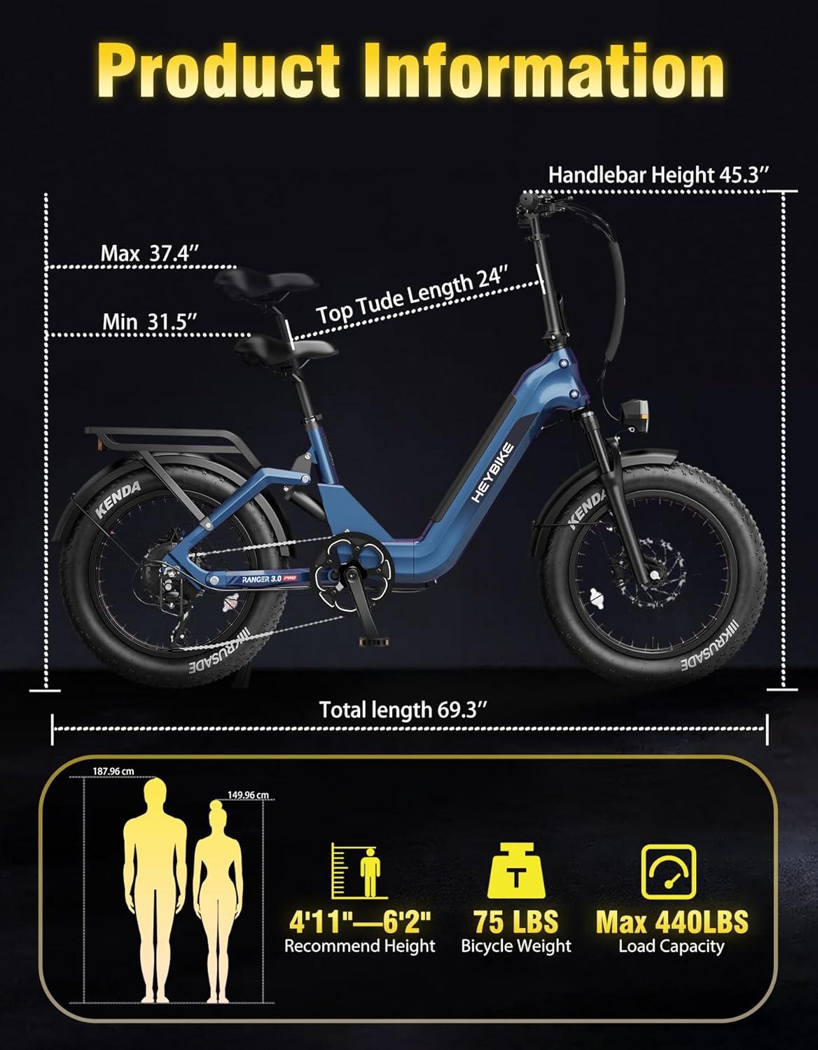 Heybike Ranger Foldable Electric Bike for Adults, 1200W/1800W Peak Motor, 28/32MPH E Bike, 55/90 Miles Range, 20″x4.0″ Fat Tire Ebike with Removable Battery, Hydraulic Brakes for Snow, Beach,Commuting(Navy Blue)