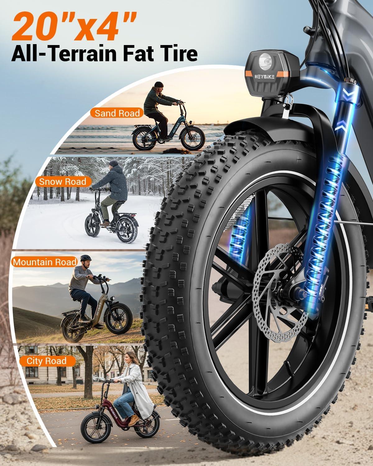 Heybike Ranger Foldable Electric Bike for Adults, 1200W/1800W Peak Motor, 28/32MPH E Bike, 55/90 Miles Range, 20″x4.0″ Fat Tire Ebike with Removable Battery, Hydraulic Brakes for Snow, Beach,Commuting(Light Gray)