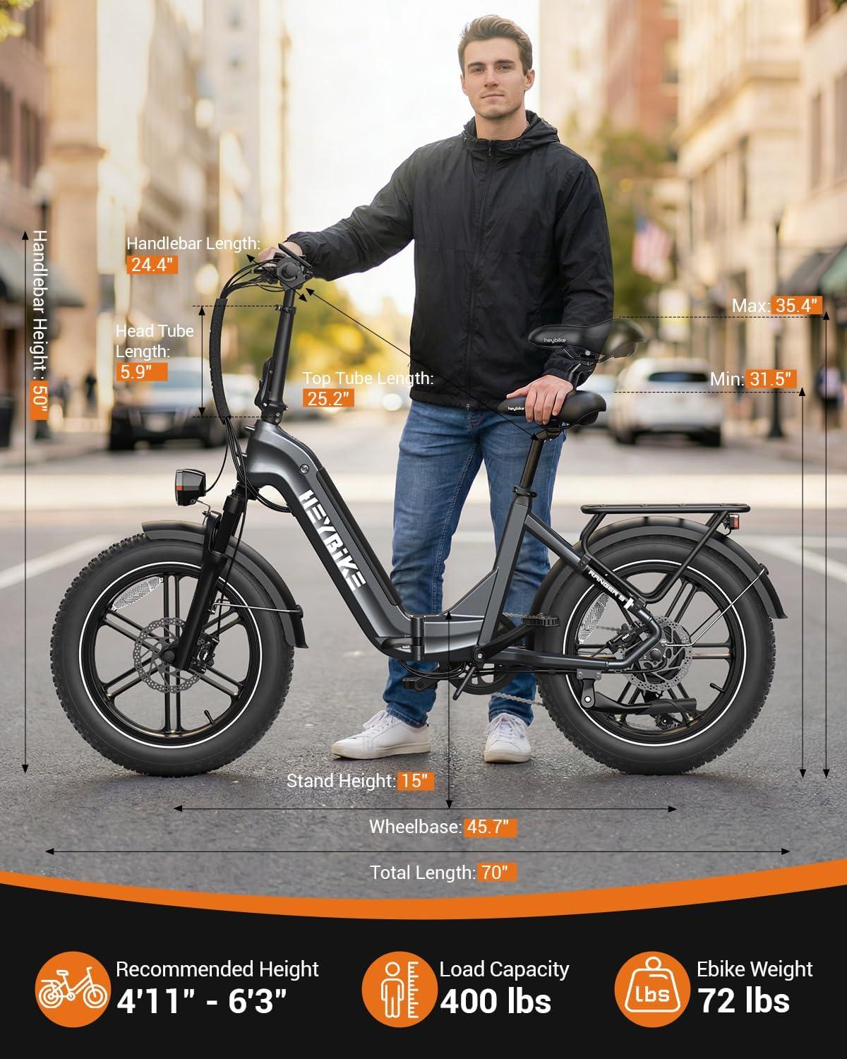 Heybike Ranger Foldable Electric Bike for Adults, 1200W/1800W Peak Motor, 28/32MPH E Bike, 55/90 Miles Range, 20″x4.0″ Fat Tire Ebike with Removable Battery, Hydraulic Brakes for Snow, Beach,Commuting(Light Gray)