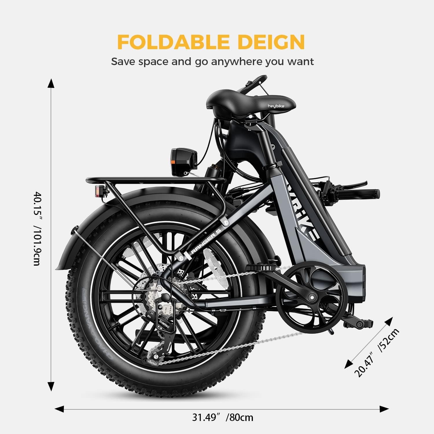 Heybike Ranger S Electric Bike for Adults, Foldable 1500W Peak Motor Ebike, 20″ Fat Tire Step-Thru Electric Bicycle, 48V 14.4AH Removable Battery Commuter E Bike, 7-Speed Hydraulic Fork-G