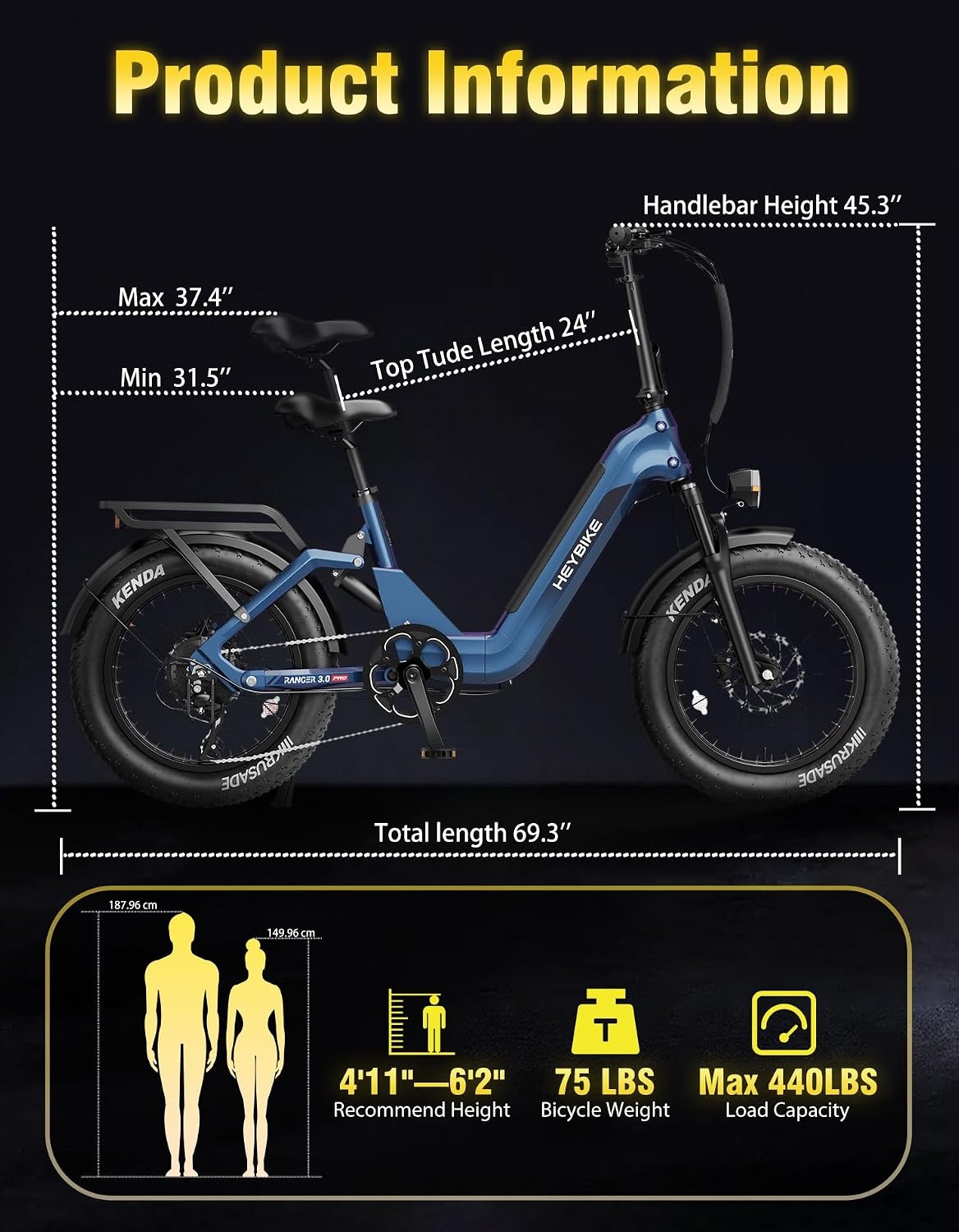 Heybike Ranger 3.0 Pro Fat Tire Electric Bike, 90Miles Long Range,720WH Removable Battery, 1200W Peak Motor 28MPH,20″*4 Foldable Step-Thru Ebike