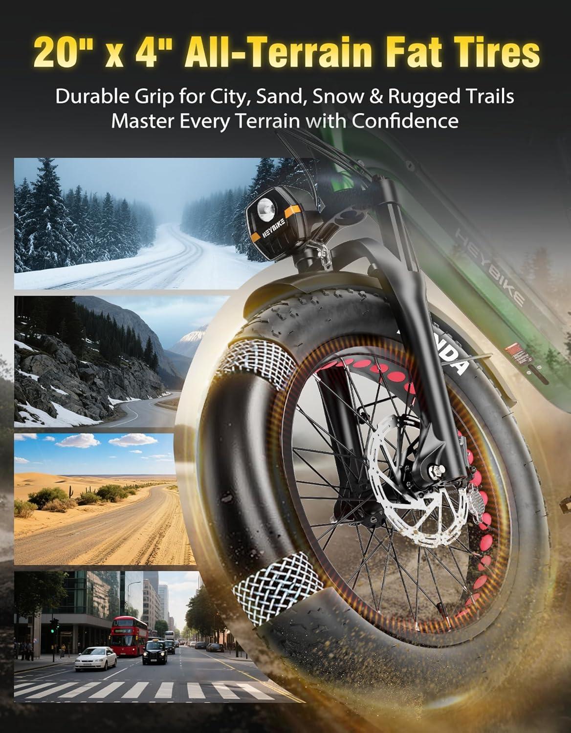 Heybike Ranger Foldable Electric Bike for Adults, 1200W/1800W Peak Motor, 28/32MPH E Bike, 55/90 Miles Range, 20″x4.0″ Fat Tire Ebike with Removable Battery, Hydraulic Brakes for Snow, Beach,Commuting(90 Miles-Forest Green)