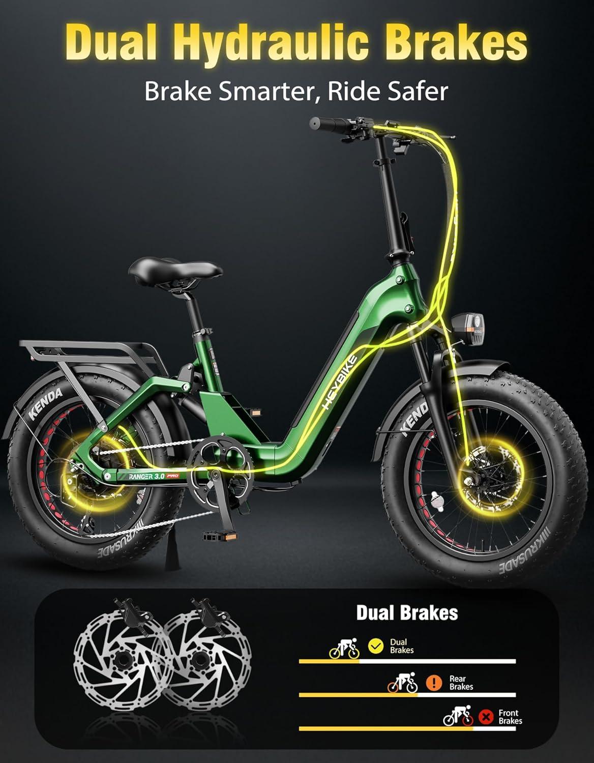 Heybike Ranger Foldable Electric Bike for Adults, 1200W/1800W Peak Motor, 28/32MPH E Bike, 55/90 Miles Range, 20″x4.0″ Fat Tire Ebike with Removable Battery, Hydraulic Brakes for Snow, Beach,Commuting(90 Miles-Forest Green)