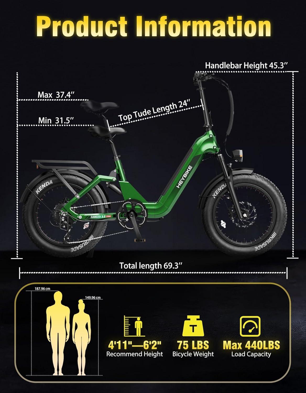 Heybike Ranger Foldable Electric Bike for Adults, 1200W/1800W Peak Motor, 28/32MPH E Bike, 55/90 Miles Range, 20″x4.0″ Fat Tire Ebike with Removable Battery, Hydraulic Brakes for Snow, Beach,Commuting(90 Miles-Forest Green)