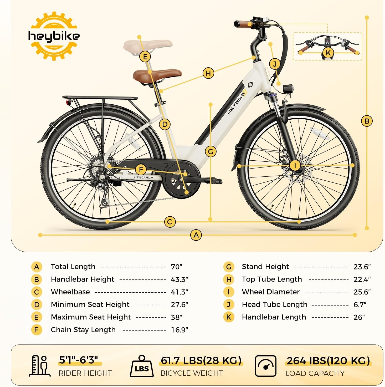Heybike Cityscape 2.0 Electric Bike for Adults with Peak 1200W Motor, 468Wh Removable Battery, 50Miles 26″ Electric Commuter Bike, 7-Speed,UL Certified(Paper White)