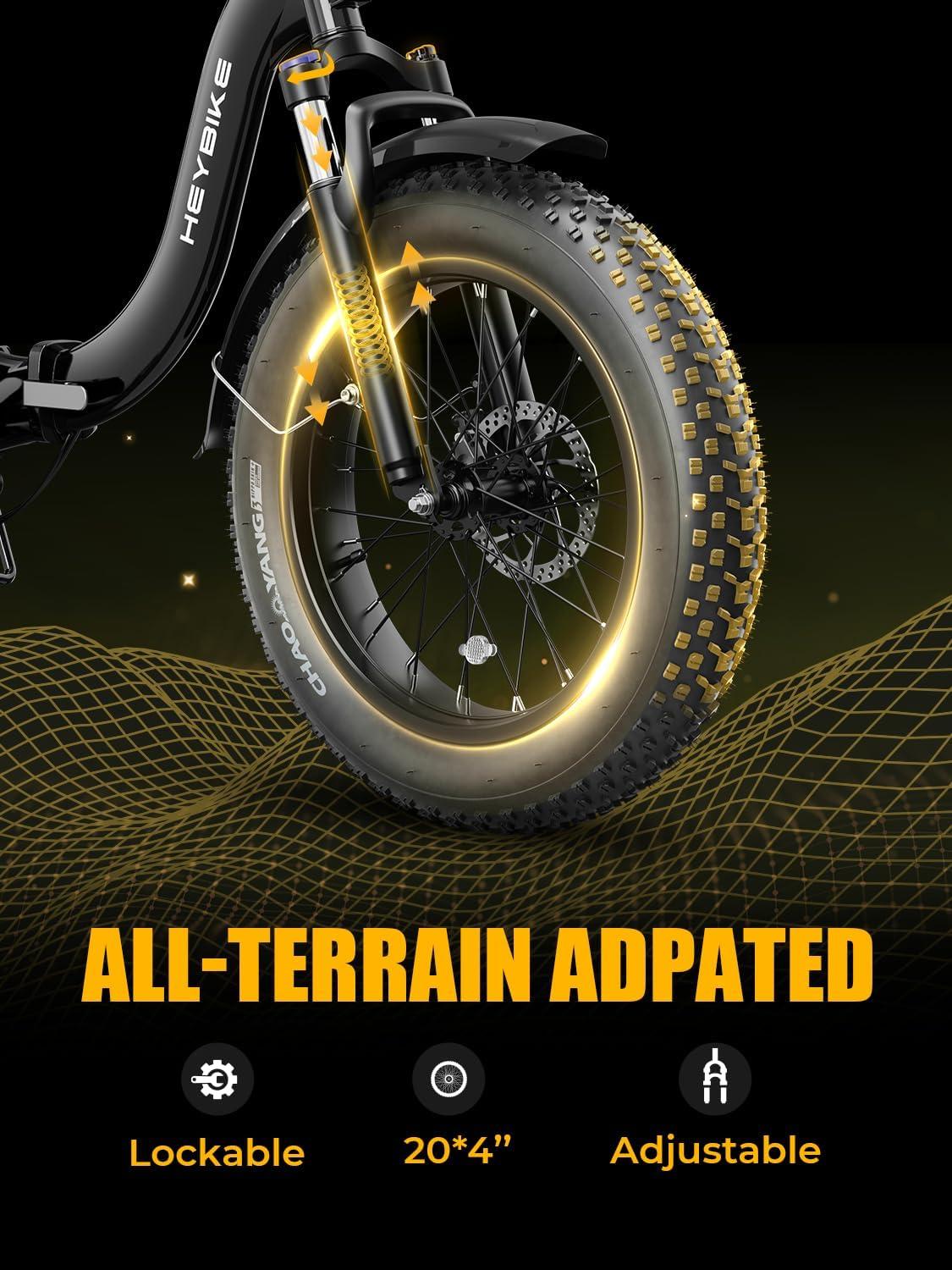 Heybike Ranger 2.0 Foldable Electric Bike for Adults, 20″×4 Fat Tire Ebike with 1400W Peak Motor, 28 MPH Max Speed, 600Wh Removable Battery, Up to 65 Miles Range, Front Suspension Step-Thru E Bike(Black+Green Combo)