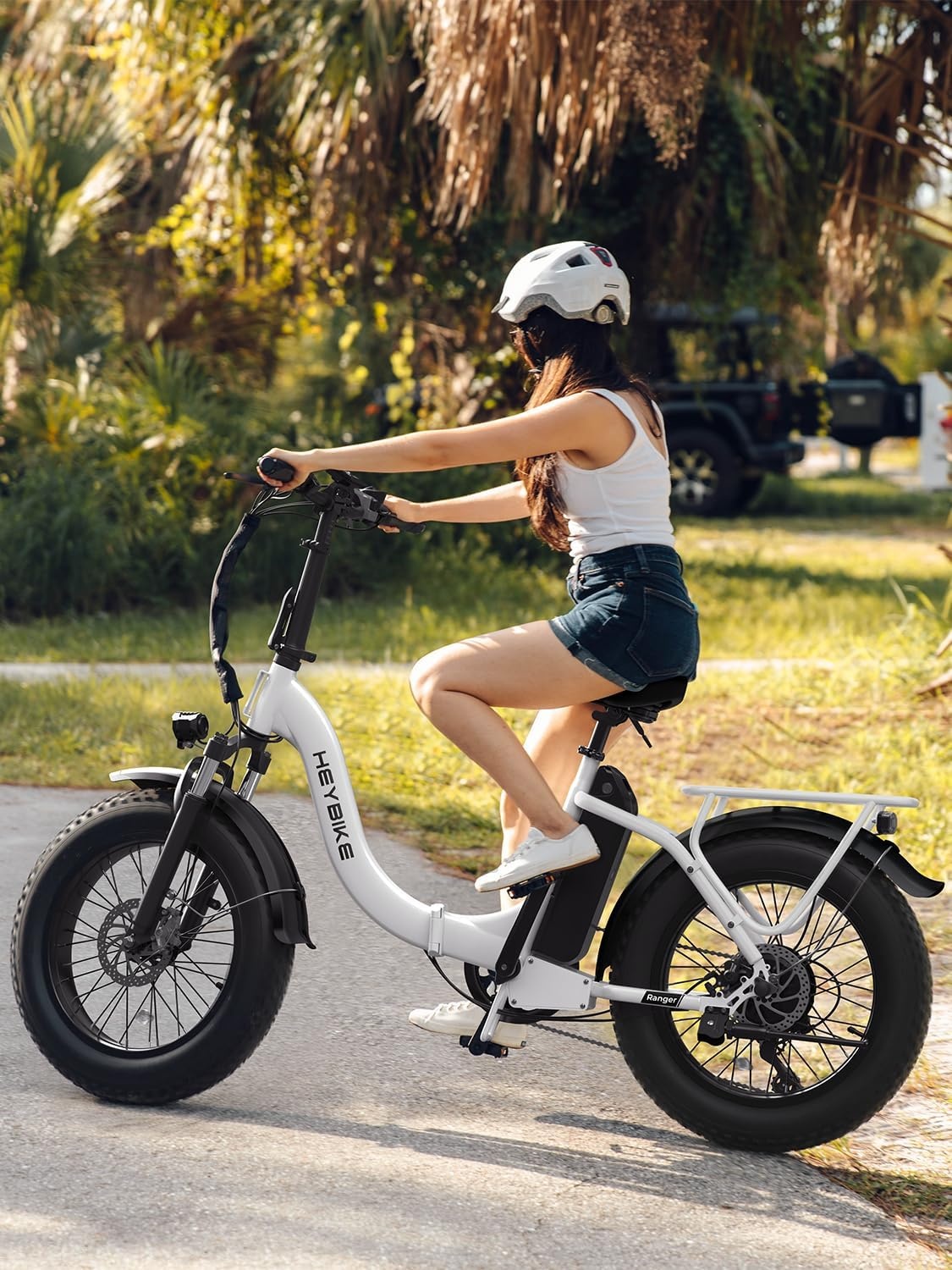 Heybike Ranger 2.0 Foldable Electric Bike for Adults, 20″*4 Fat Tire Ebike with 1400W Peak Motor, 28 MPH Max Speed, 600Wh Removable Battery, Up to 65 Miles Range, Front Suspension Step-Thru E Bike(White+Front & Rear Baskets)
