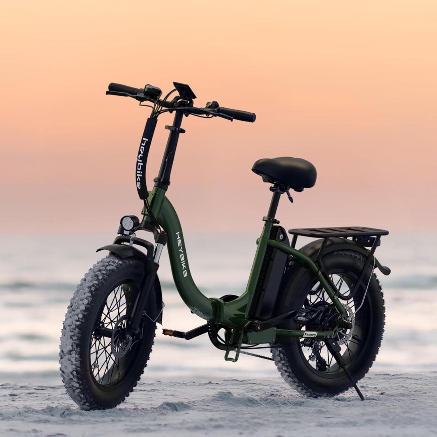 Heybike Ranger 2.0 Foldable Electric Bike for Adults, 20″×4 Fat Tire Ebike with 1400W Peak Motor, 28 MPH Max Speed, 600Wh Removable Battery, Up to 65 Miles Range, Front Suspension Step-Thru E Bike(Green+White Combo)