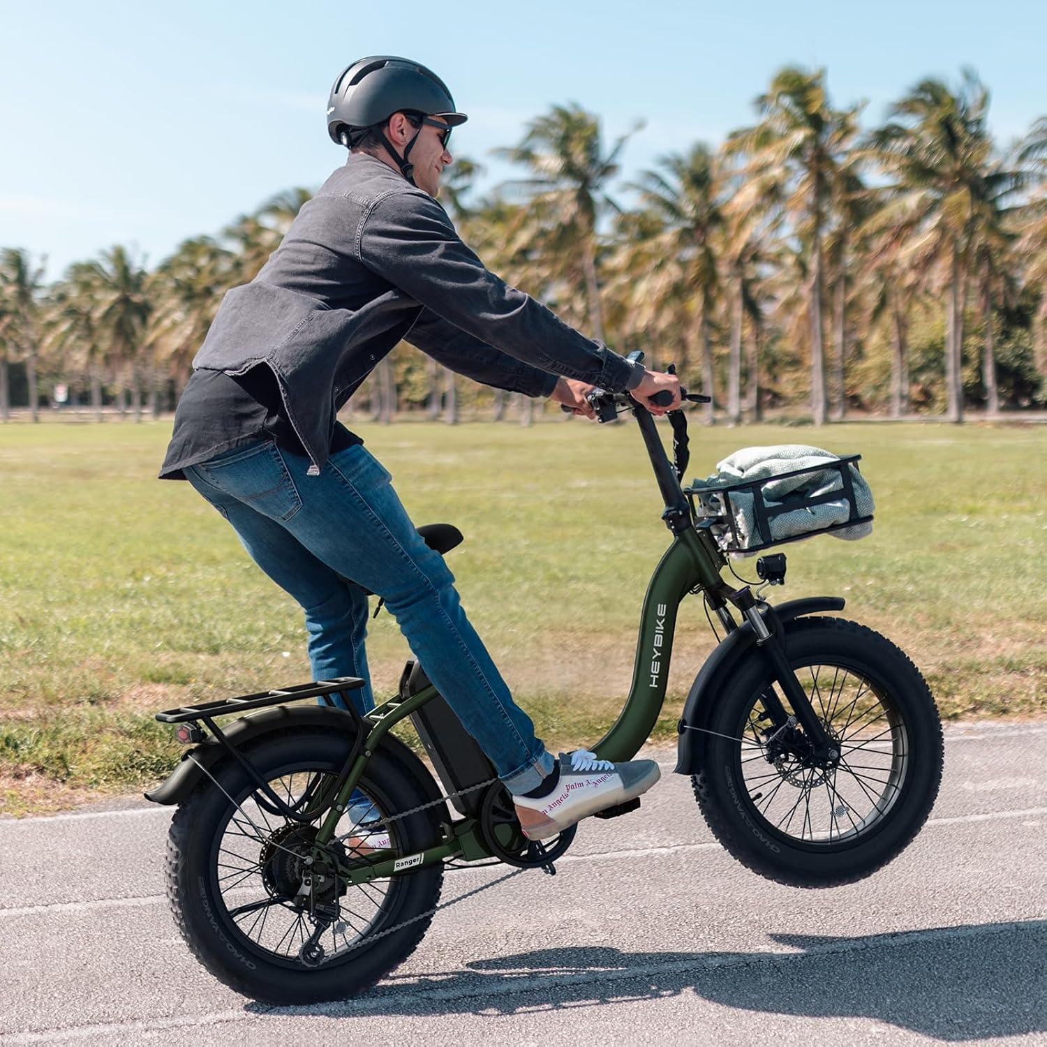 Heybike Ranger 2.0 Foldable Electric Bike for Adults, 20″×4 Fat Tire Ebike with 1400W Peak Motor, 28 MPH Max Speed, 600Wh Removable Battery, Up to 65 Miles Range, Front Suspension Step-Thru E Bike(Green+White Combo)