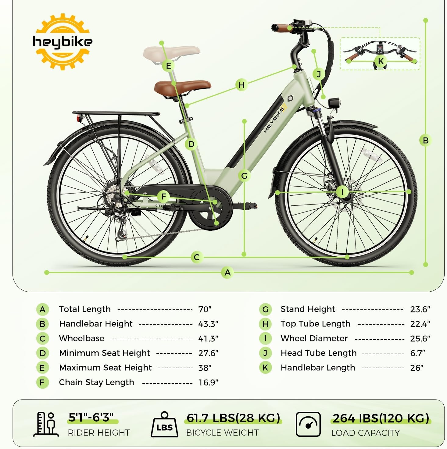 Heybike Cityscape 2.0 Electric Bike for Adults with Peak 1200W Motor, 468Wh Removable Battery, 50Miles 26″ Electric Commuter Bike, 7-Speed,UL Certified(Light Green)