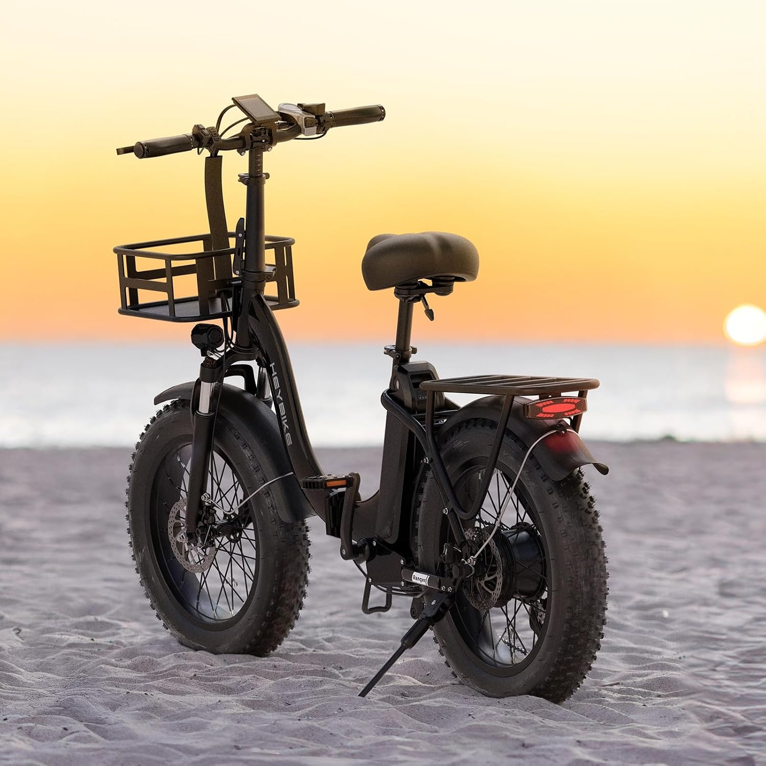Heybike Ranger 2.0 Foldable Electric Bike for Adults, 20″*4 Fat Tire Ebike with 1400W Peak Motor, 28 MPH Max Speed, 600Wh Removable Battery, Up to 65 Miles Range, Front Suspension Step-Thru E Bike(Black+Front & Rear Baskets)