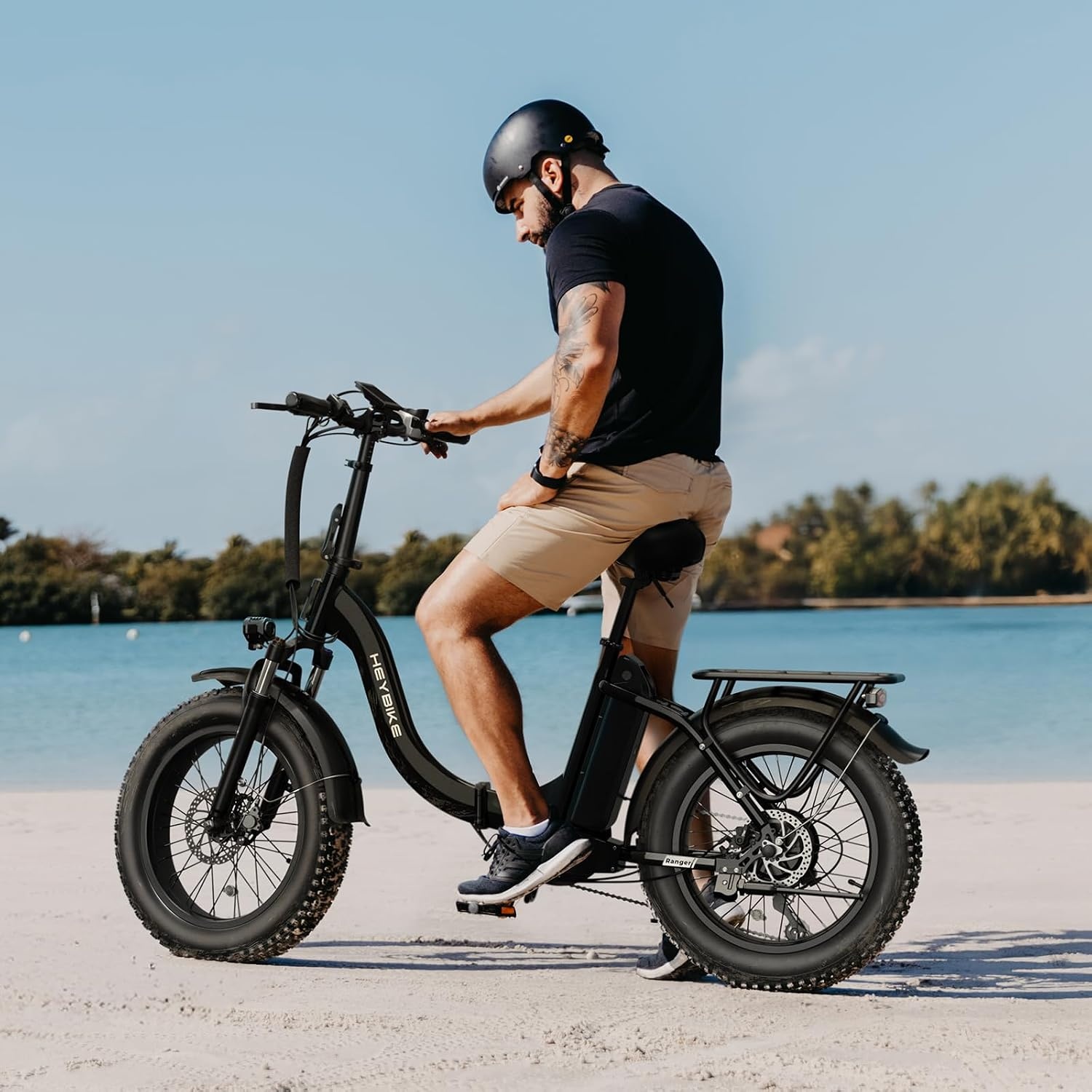Heybike Ranger 2.0 Foldable Electric Bike for Adults, 20″*4 Fat Tire Ebike with 1400W Peak Motor, 28 MPH Max Speed, 600Wh Removable Battery, Up to 65 Miles Range, Front Suspension Step-Thru E Bike(Black+Front & Rear Baskets)