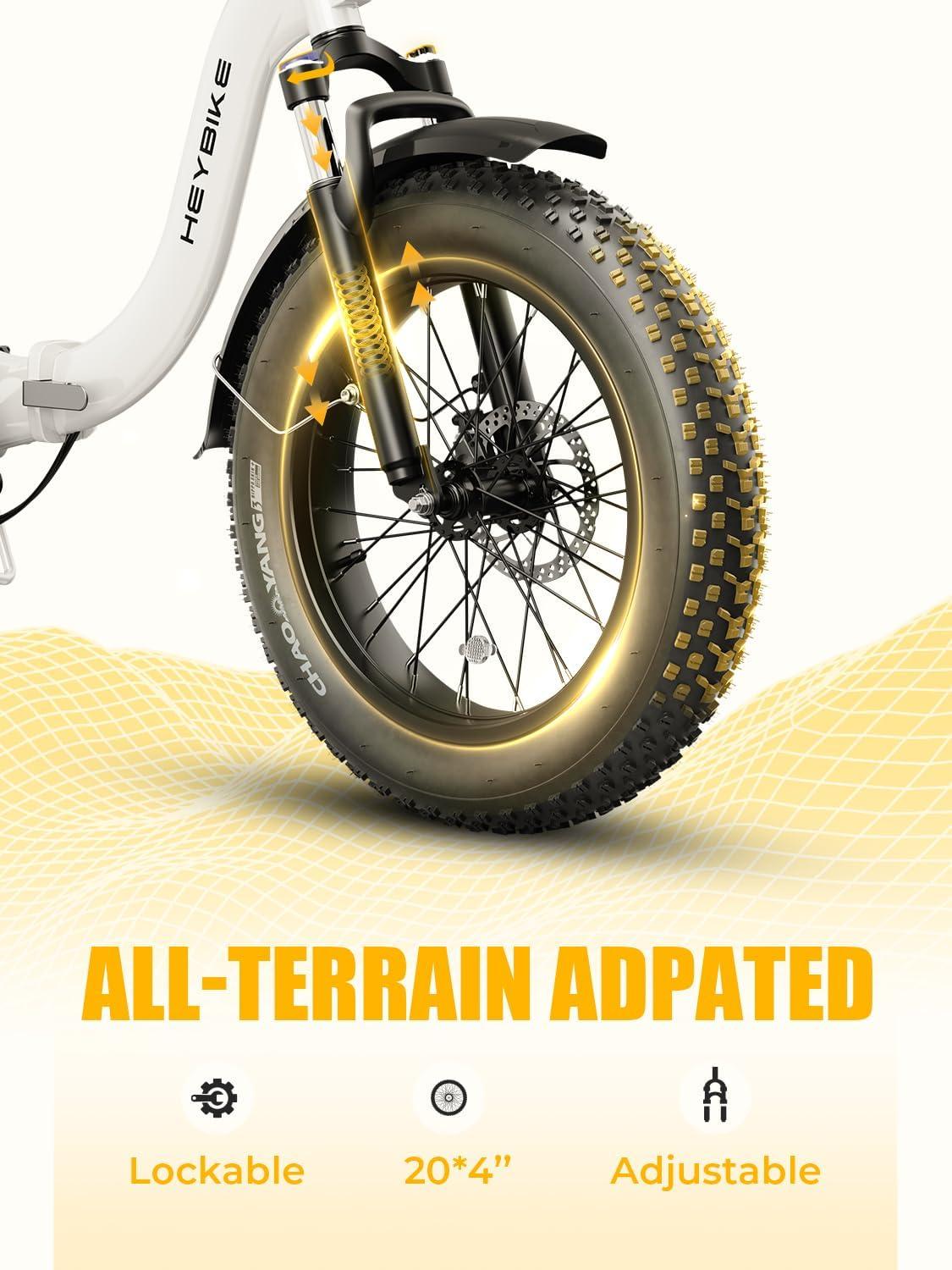 Heybike Ranger 2.0 Foldable Electric Bike for Adults, 20″×4 Fat Tire Ebike with 1400W Peak Motor, 28 MPH Max Speed, 600Wh Removable Battery, Up to 65 Miles Range, Front Suspension Step-Thru E Bike(2 White Combo)