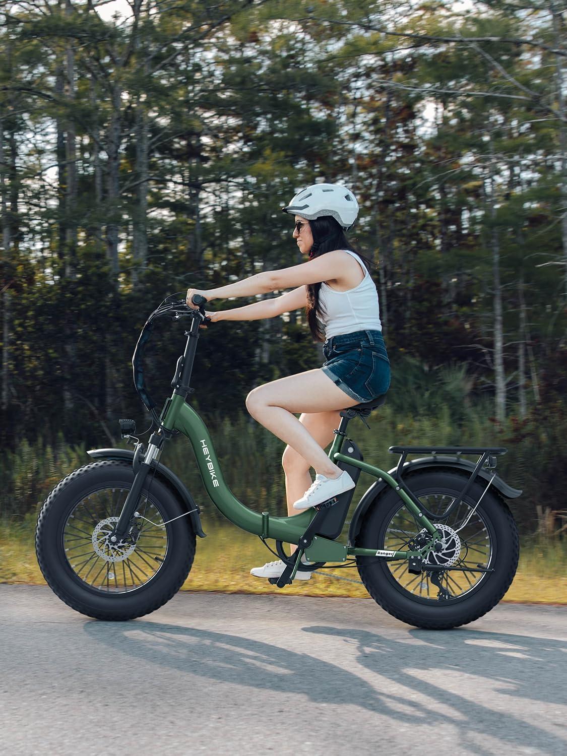 Heybike Ranger 2.0 Foldable Electric Bike for Adults, 20″×4 Fat Tire Ebike with 1400W Peak Motor, 28 MPH Max Speed, 600Wh Removable Battery, Up to 65 Miles Range, Front Suspension Step-Thru E Bike(Green+Rear Basket)