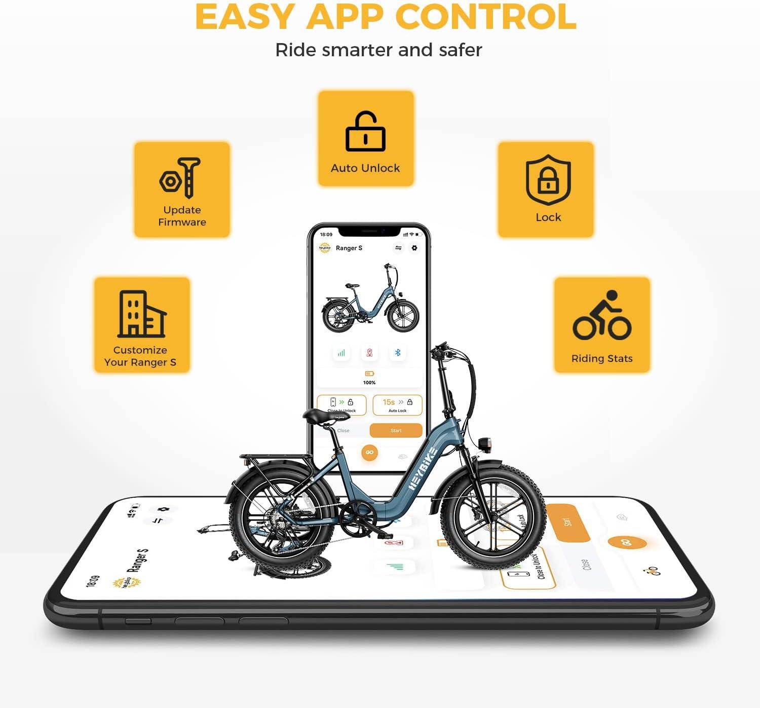 Heybike Ranger S Electric Bike for Adults, Foldable 1500W Peak Motor Ebike, 20″ Fat Tire Step-Thru Electric Bicycle, 48V 14.4AH Removable Battery Commuter E Bike, 7-Speed Hydraulic Fork
