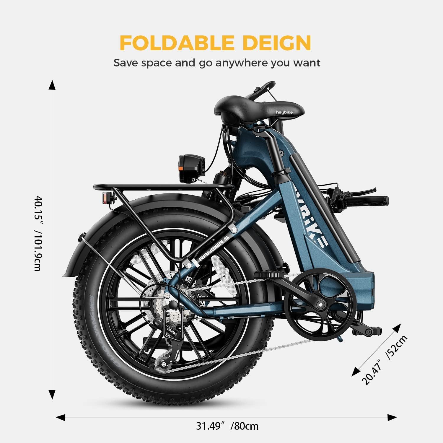 Heybike Ranger S Electric Bike for Adults, Foldable 1500W Peak Motor Ebike, 20″ Fat Tire Step-Thru Electric Bicycle, 48V 14.4AH Removable Battery Commuter E Bike, 7-Speed Hydraulic Fork
