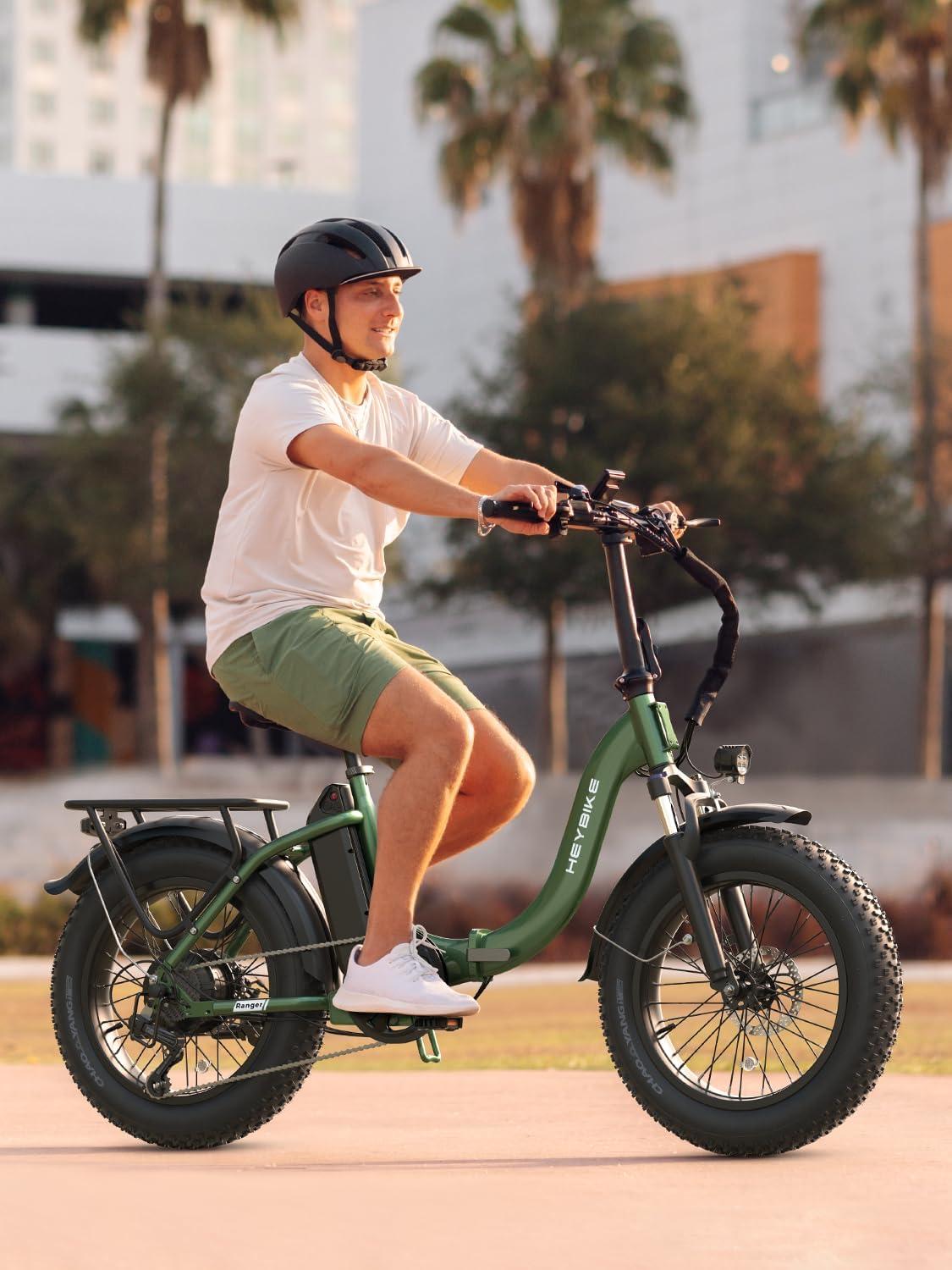 Heybike Ranger 2.0 Foldable Electric Bike for Adults, 20″×4 Fat Tire Ebike with 1400W Peak Motor, 28 MPH Max Speed, 600Wh Removable Battery, Up to 65 Miles Range, Front Suspension Step-Thru E Bike(2 Green Combo)