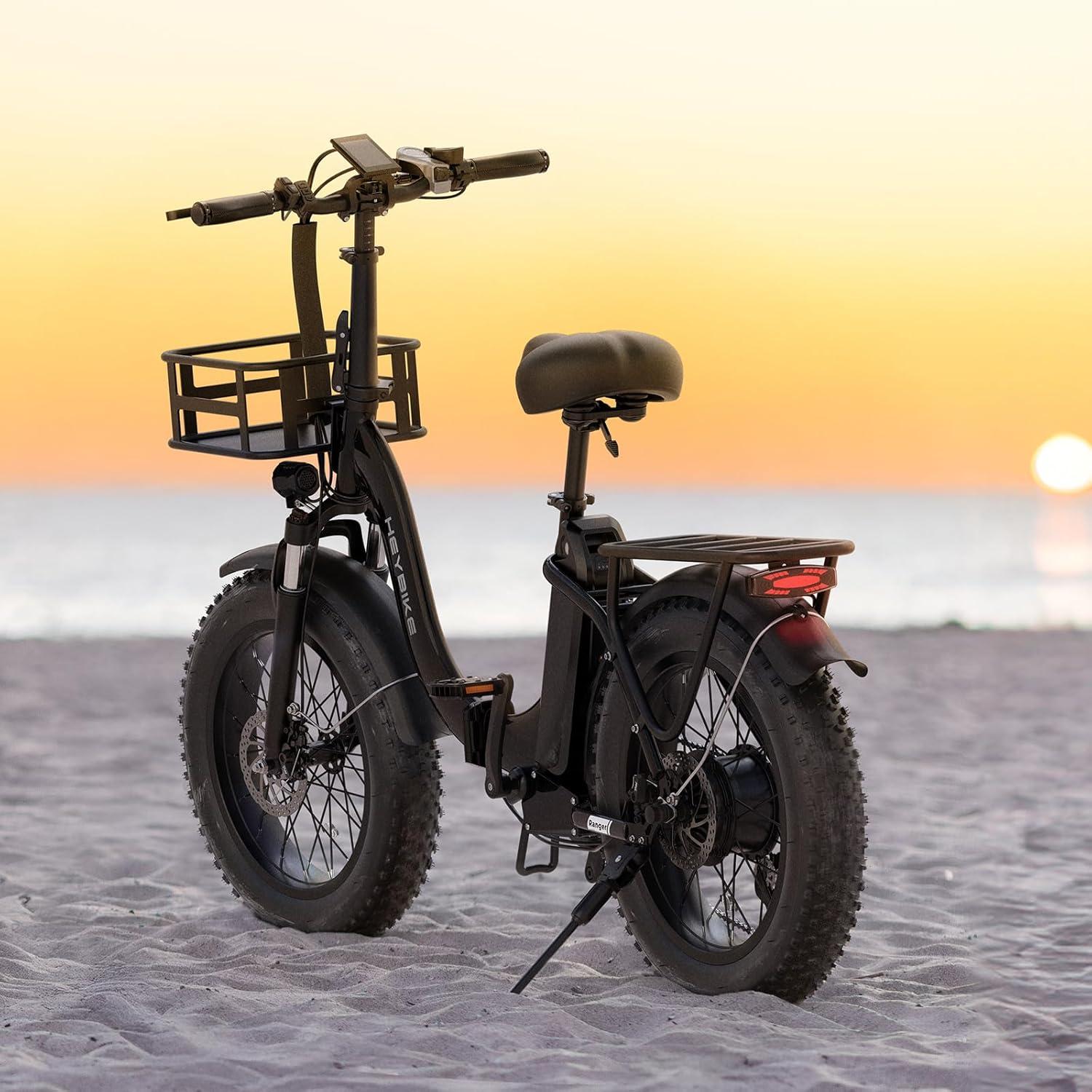 Heybike Ranger 2.0 Foldable Electric Bike for Adults, 20″×4 Fat Tire Ebike with 1400W Peak Motor, 28 MPH Max Speed, 600Wh Removable Battery, Up to 65 Miles Range, Front Suspension Step-Thru E Bike(2 Black Combo)