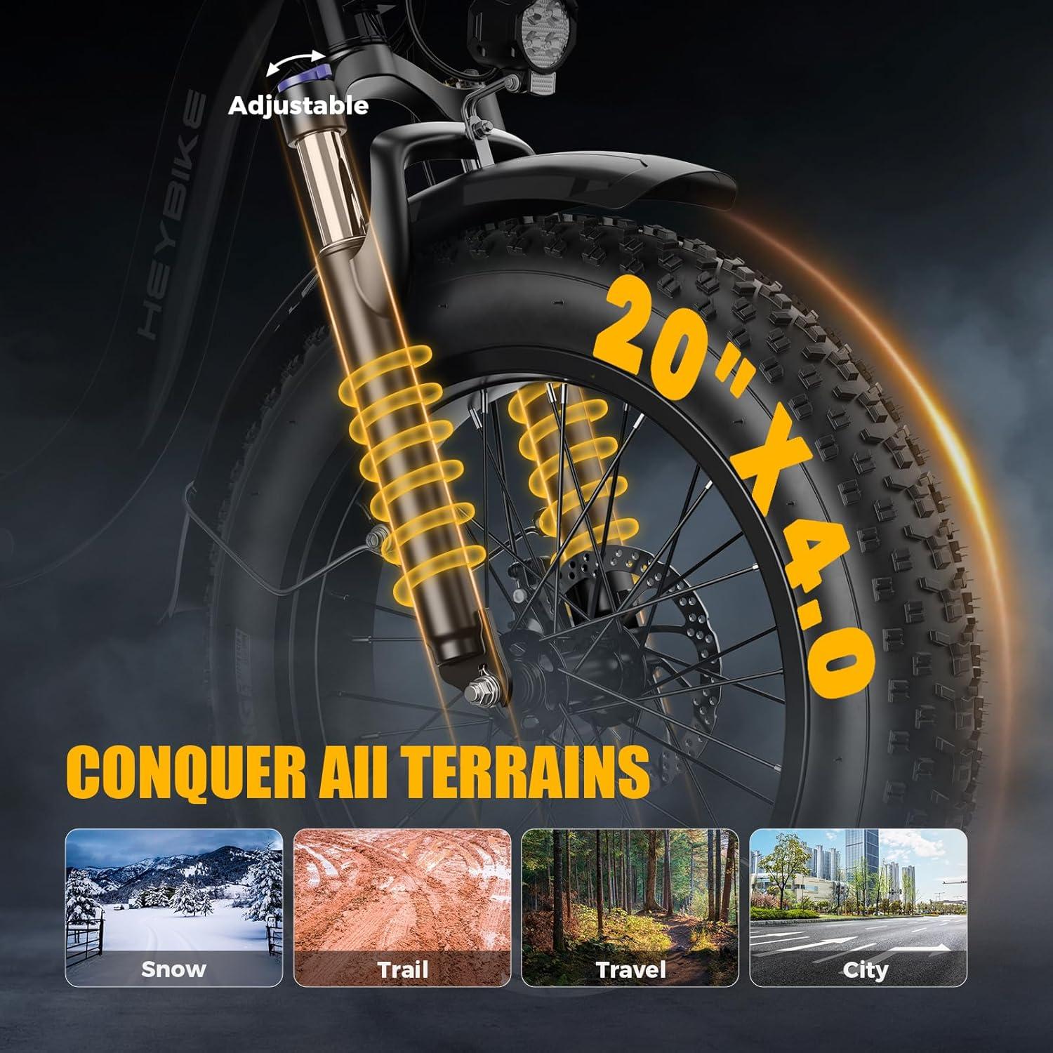 Heybike Ranger 2.0 Foldable Electric Bike for Adults, 20″×4 Fat Tire Ebike with 1400W Peak Motor, 28 MPH Max Speed, 600Wh Removable Battery, Up to 65 Miles Range, Front Suspension Step-Thru E Bike(2 Black Combo)