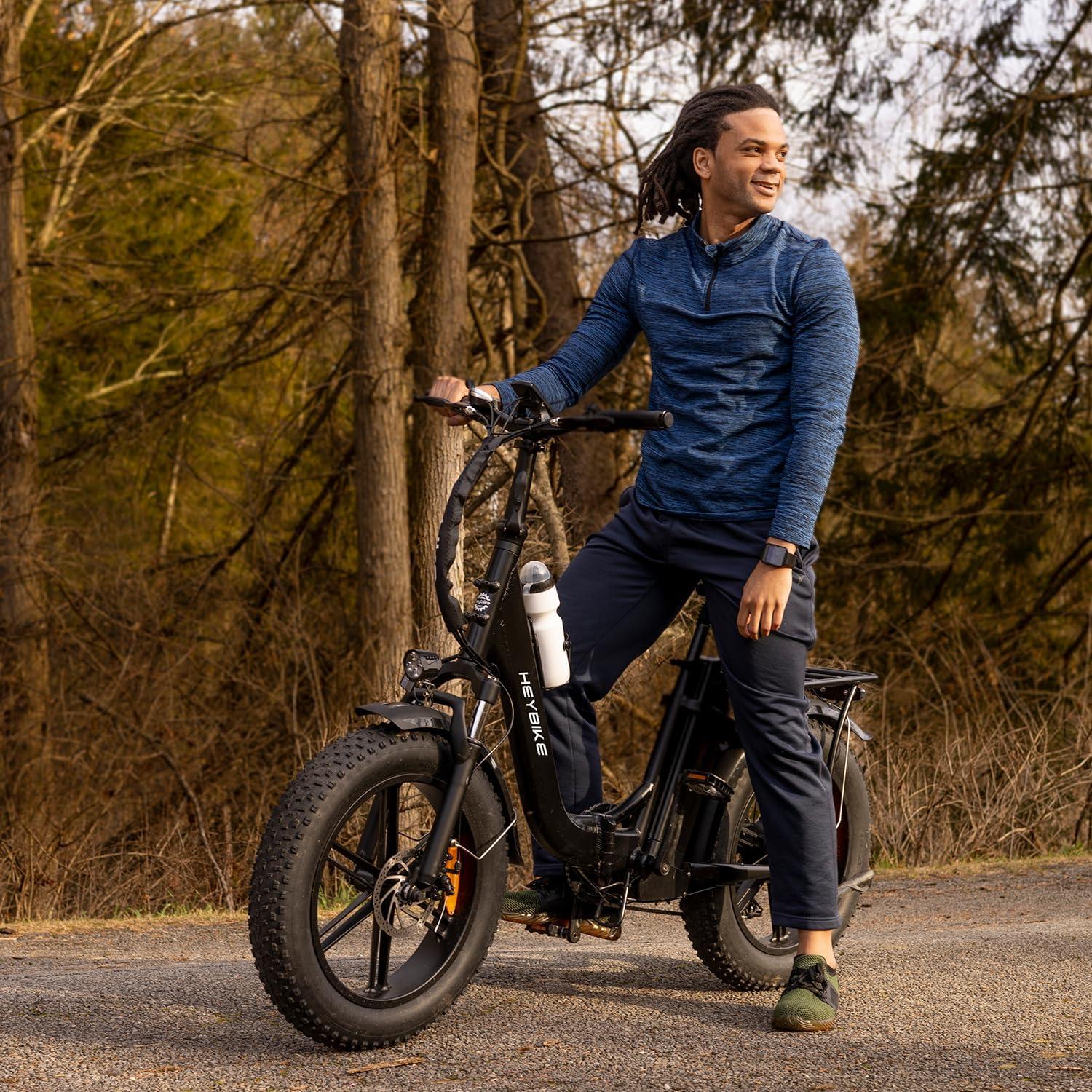 Heybike Ranger 2.0 Foldable Electric Bike for Adults, 20″×4 Fat Tire Ebike with 1400W Peak Motor, 28 MPH Max Speed, 600Wh Removable Battery, Up to 65 Miles Range, Front Suspension Step-Thru E Bike(2 Black Combo)