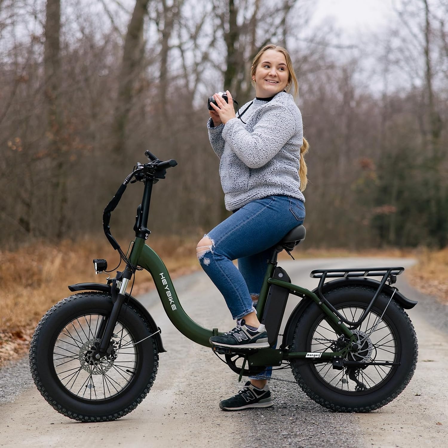 Heybike Ranger 2.0 Foldable Electric Bike for Adults, 20″*4 Fat Tire Ebike with 1400W Peak Motor, 28 MPH Max Speed, 600Wh Removable Battery, Up to 65 Miles Range, Front Suspension Step-Thru E Bike(Green+Front & Rear Baskets)