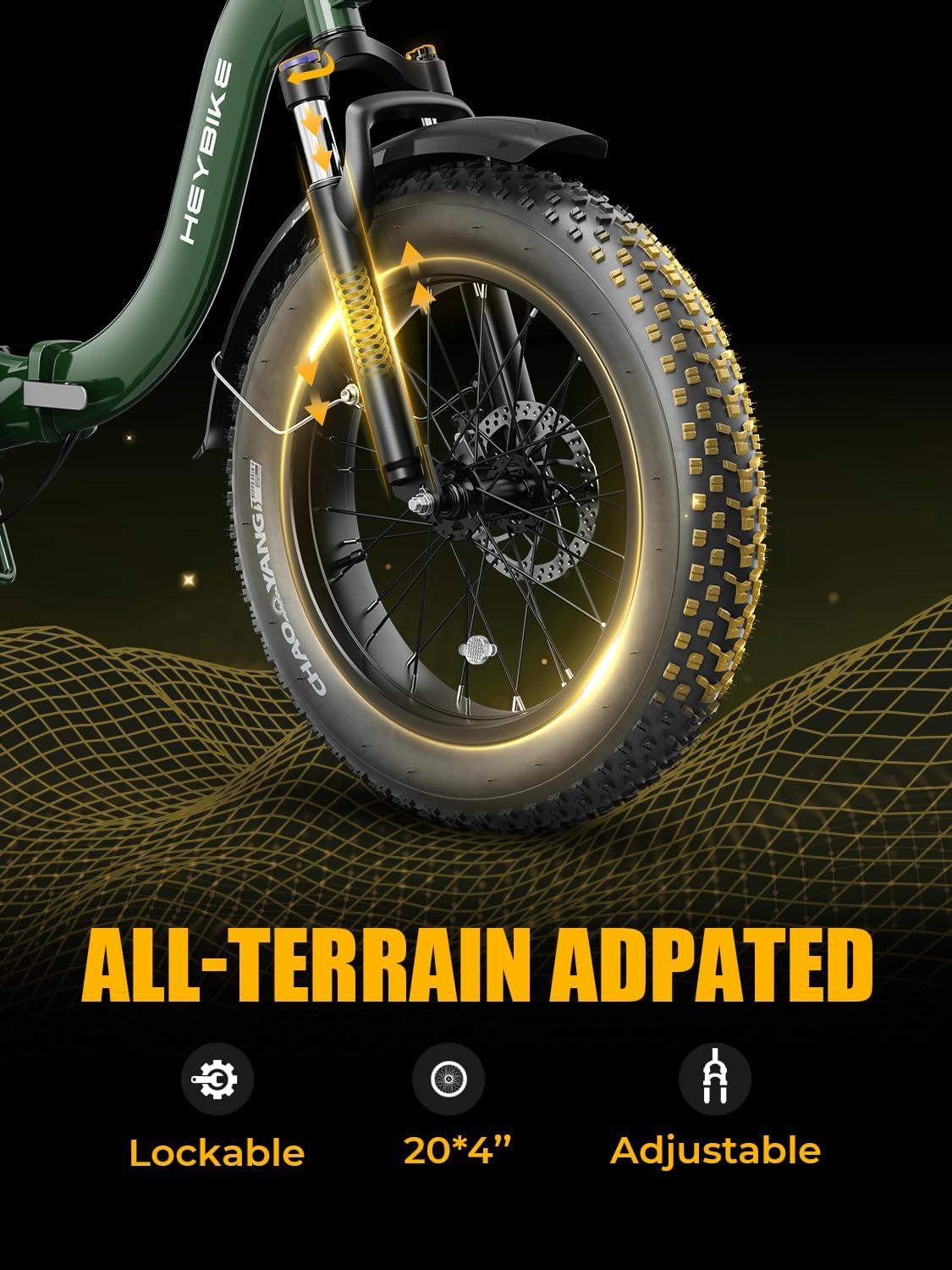 Heybike Ranger 2.0 Foldable Electric Bike for Adults, 20″×4 Fat Tire Ebike with 1400W Peak Motor, 28 MPH Max Speed, 600Wh Removable Battery, Up to 65 Miles Range, Front Suspension Step-Thru E Bike(Forest Green)