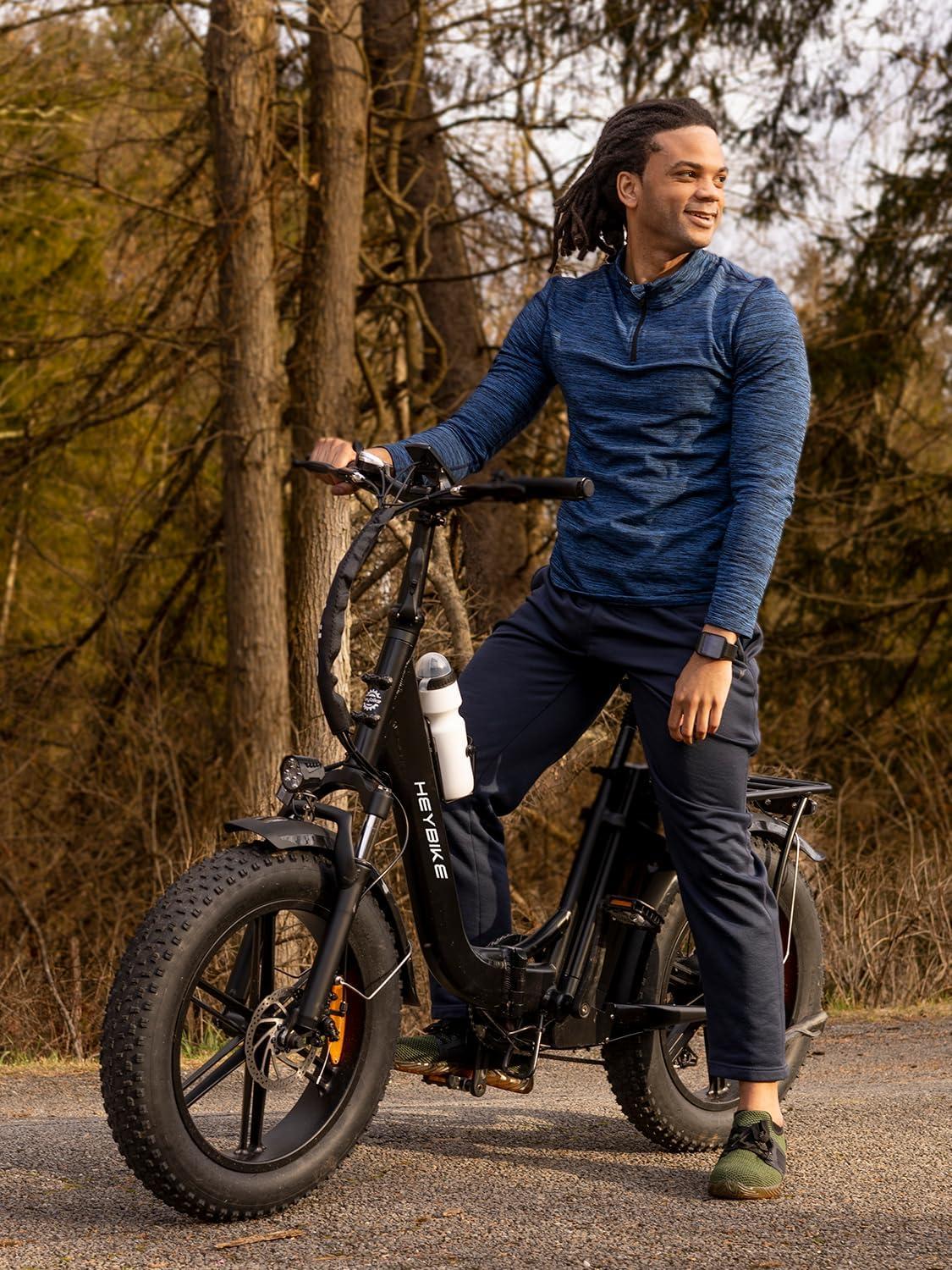 Heybike Ranger 2.0 Foldable Electric Bike for Adults, 20″×4 Fat Tire Ebike with 1400W Peak Motor, 28 MPH Max Speed, 600Wh Removable Battery, Up to 65 Miles Range, Front Suspension Step-Thru E Bike(Black+Front Basket)