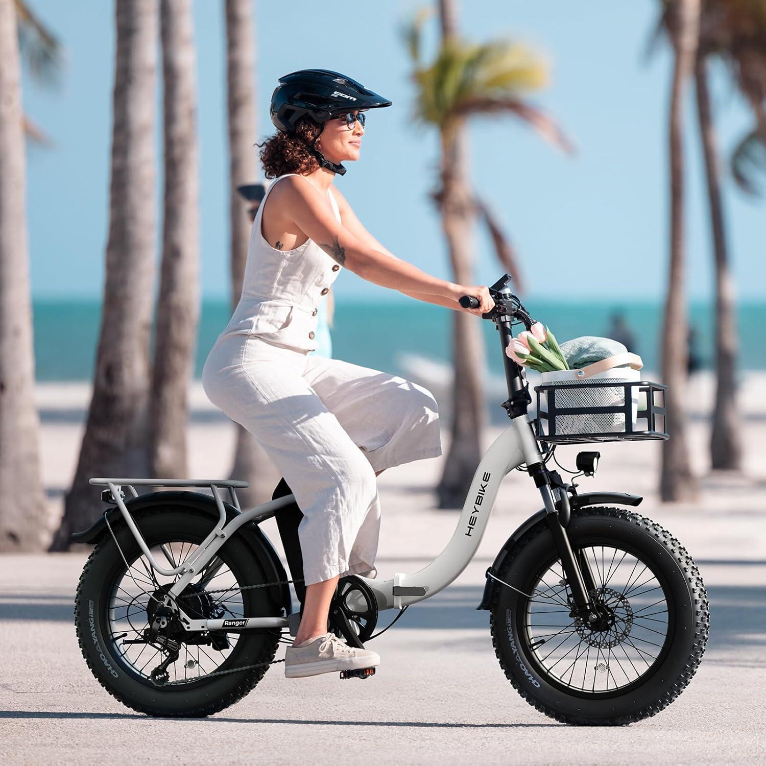 Heybike Ranger 2.0 Foldable Electric Bike for Adults, 20″×4 Fat Tire Ebike with 1400W Peak Motor, 28 MPH Max Speed, 600Wh Removable Battery, Up to 65 Miles Range, Front Suspension Step-Thru E Bike(White+Black Combo)