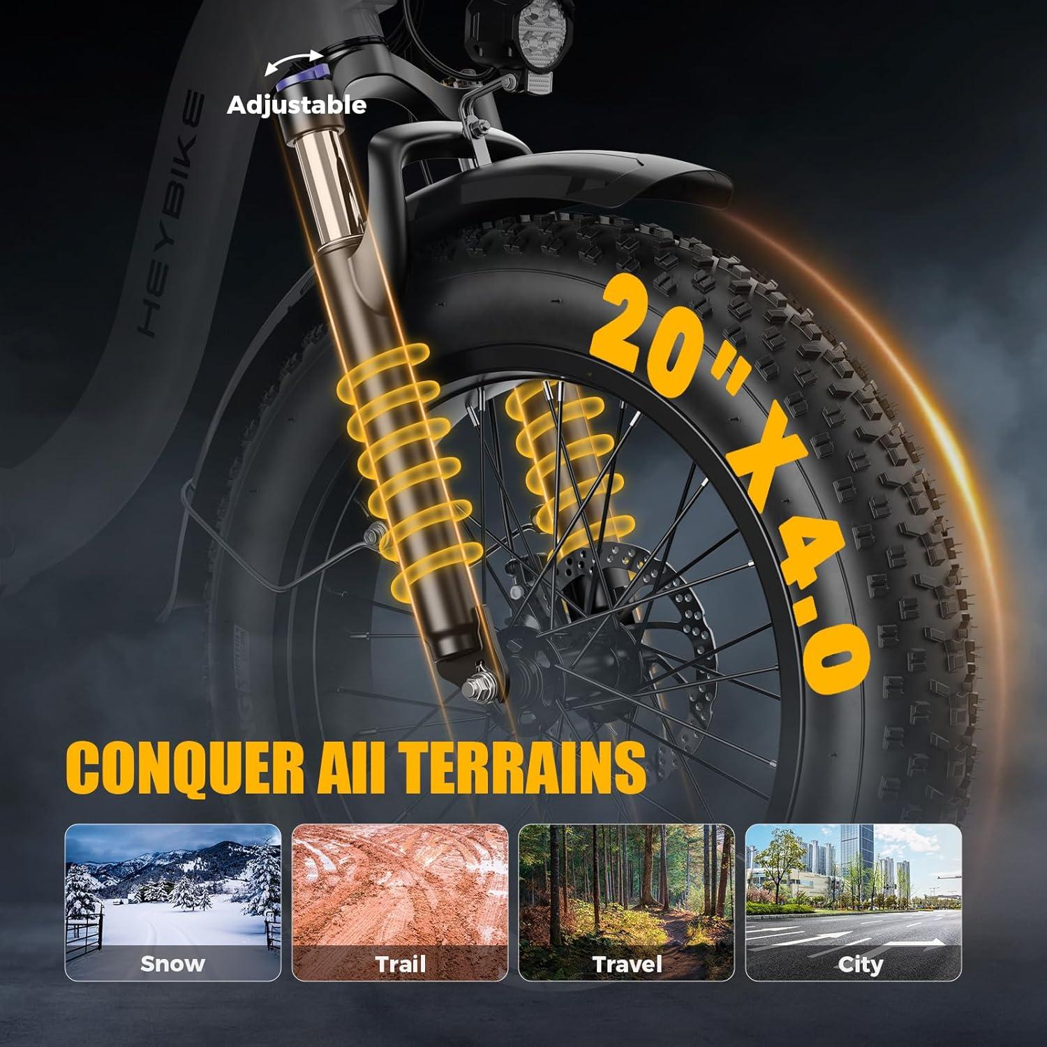 Heybike Ranger 2.0 Foldable Electric Bike for Adults, 20″×4 Fat Tire Ebike with 1400W Peak Motor, 28 MPH Max Speed, 600Wh Removable Battery, Up to 65 Miles Range, Front Suspension Step-Thru E Bike(White+Black Combo)