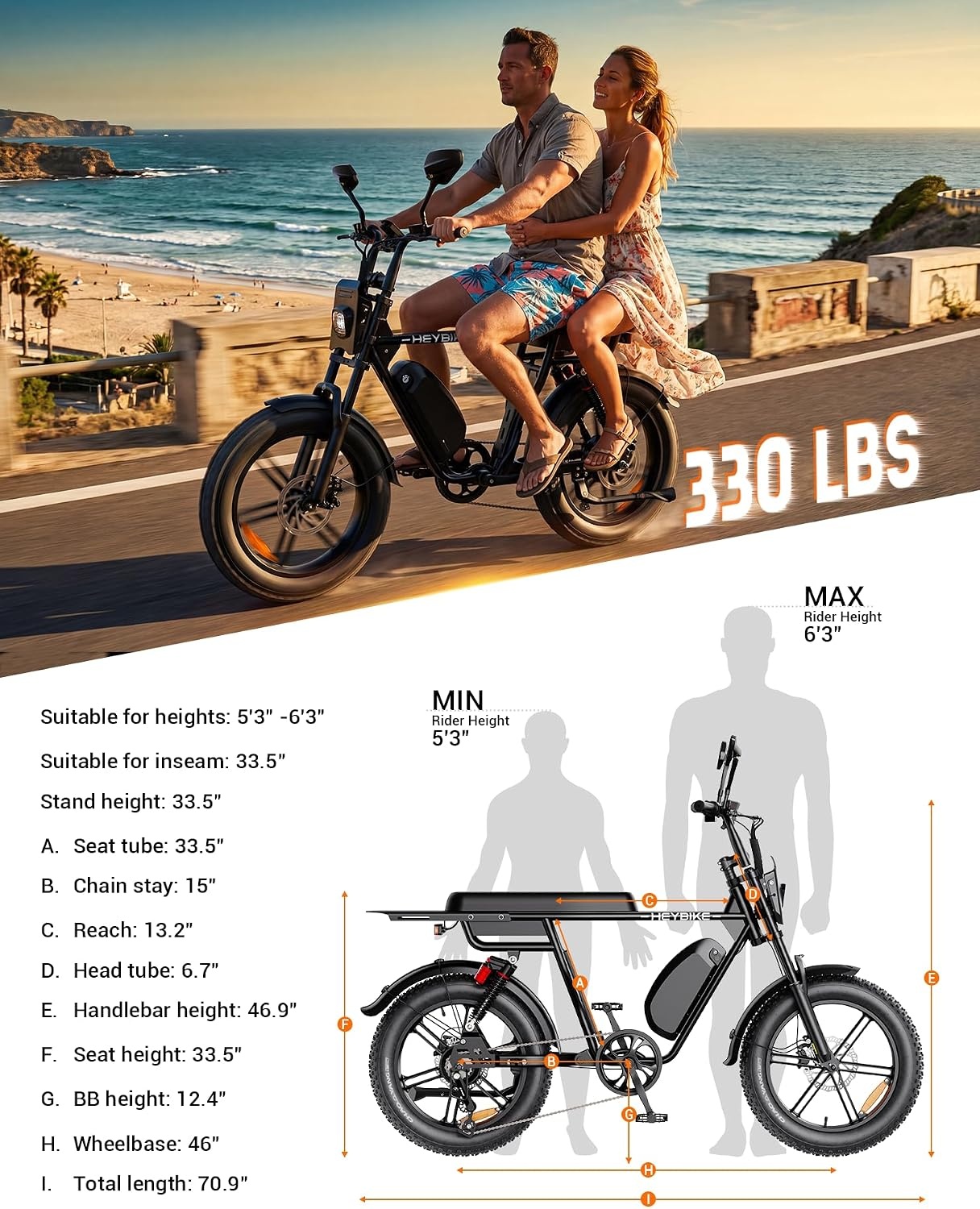 Heybike Saturn Electric Bike for Adults with 1800W Peak, 956.8Wh/1913.6Wh Removable Battery (52V 18.4A), 50/90 Miles, 20″x4.0″ Fat Tire All-Terrain Ebike for Commuting/Off-Road Riding(One Battery with Jet Black)