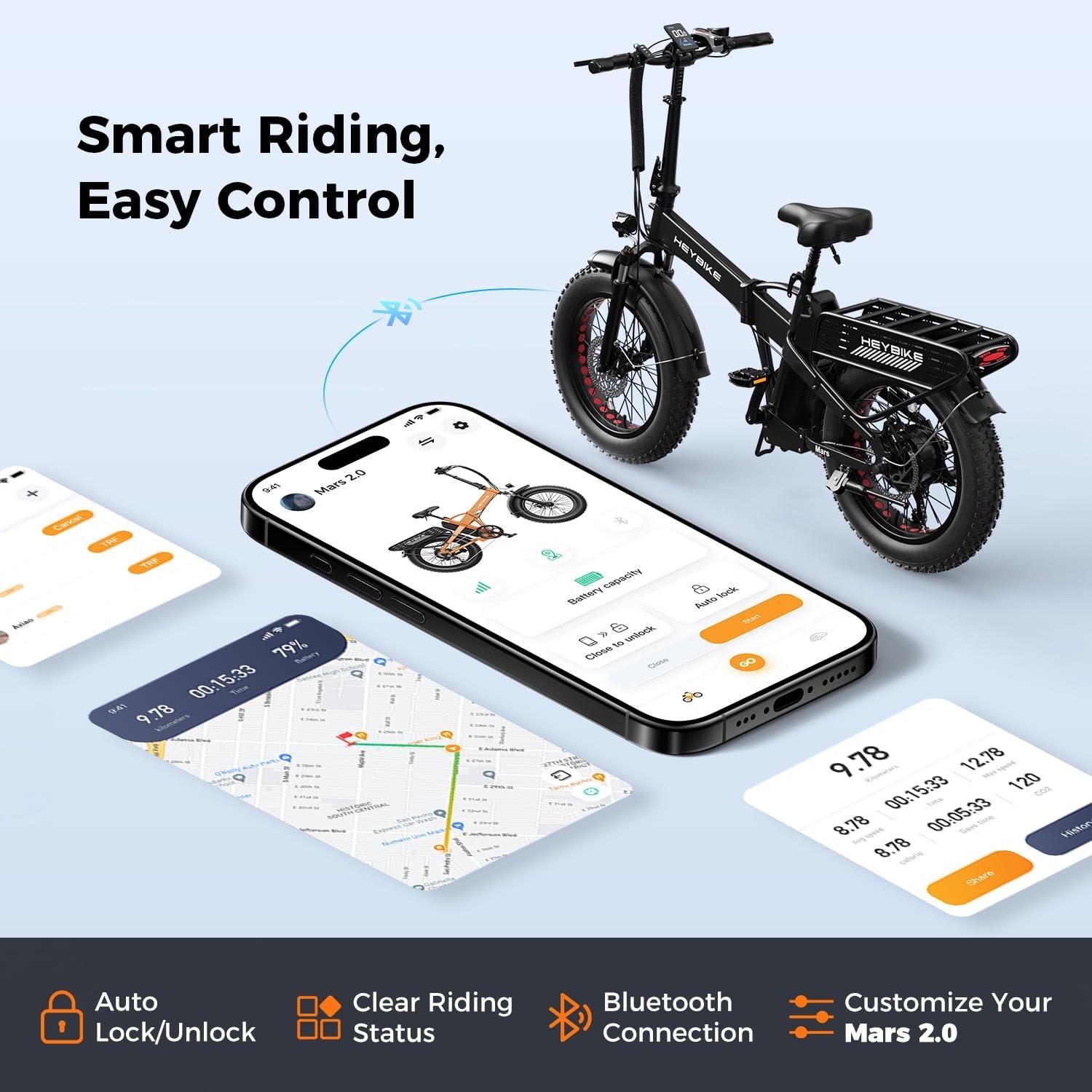 Heybike Mars 2.0/3.0 Foldable Electric Bike, UL2849 Certified, 70+Miles Long Range, 1400W/1800W Peak Motor 32MPH, 624WH Removable Battery, 20″*4 Fat Tire Ebike for Snow, Commute, Full Suspension(Jet Black)