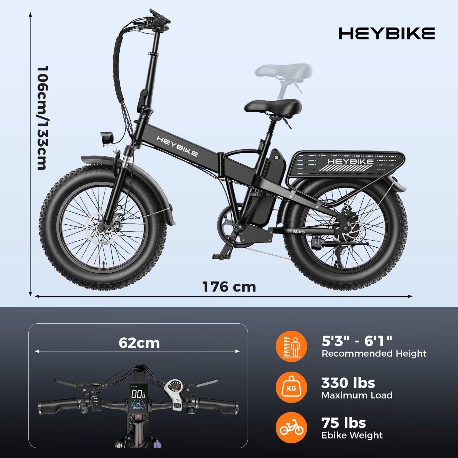 Heybike Mars 2.0/3.0 Foldable Electric Bike, UL2849 Certified, 70+Miles Long Range, 1400W/1800W Peak Motor 32MPH, 624WH Removable Battery, 20″*4 Fat Tire Ebike for Snow, Commute, Full Suspension(Jet Black)