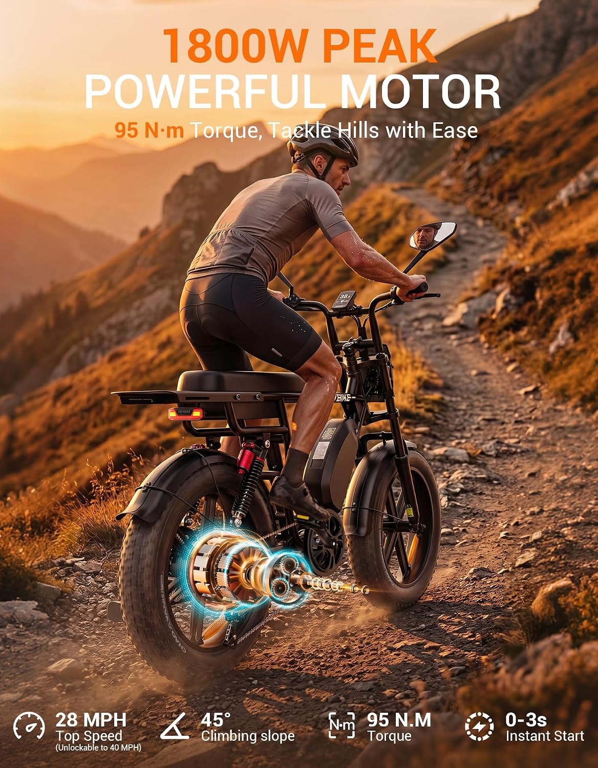 Heybike Saturn Electric Bike for Adults with 1800W Peak, 956.8Wh/1913.6Wh Removable Battery (52V 18.4A), 50/90 Miles, 20″x4.0″ Fat Tire All-Terrain Ebike for Commuting/Off-Road Riding(One Battery with 2 Obsidian)