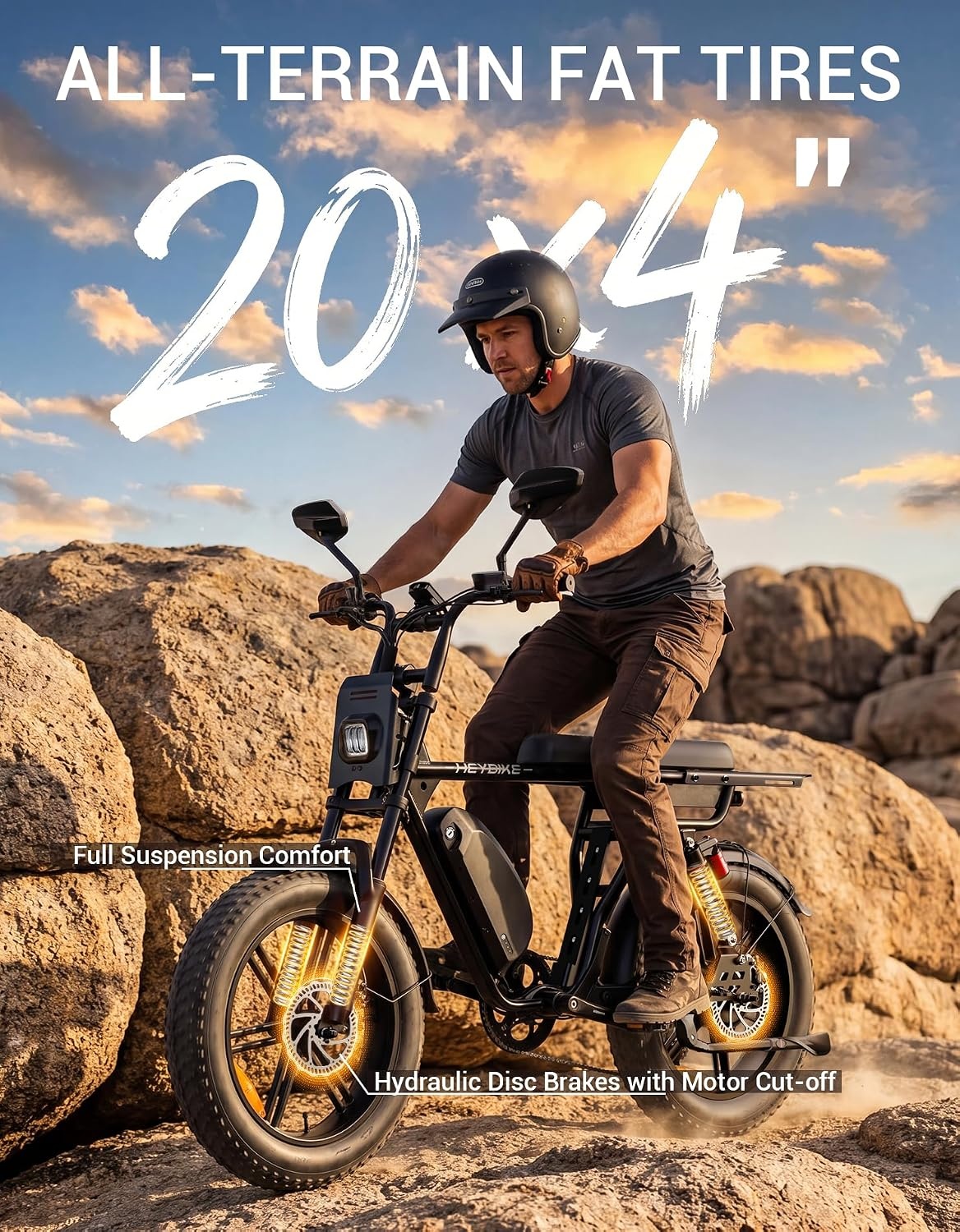 Heybike Saturn Electric Bike for Adults with 1800W Peak, 956.8Wh/1913.6Wh Removable Battery (52V 18.4A), 50/90 Miles, 20″x4.0″ Fat Tire All-Terrain Ebike for Commuting/Off-Road Riding(One Battery with 2 Obsidian)