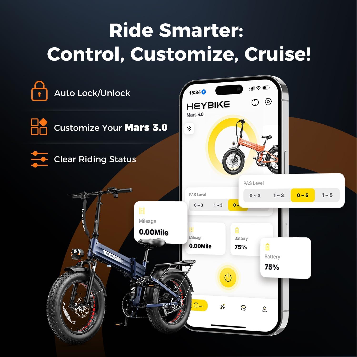 Heybike Mars 2.0/3.0 Foldable Electric Bike, UL2849 Certified, 70+Miles Long Range, 1400W/1800W Peak Motor 32MPH, 624WH Removable Battery, 20″*4 Fat Tire Ebike for Snow, Commute, Full Suspension(Navy Blue)
