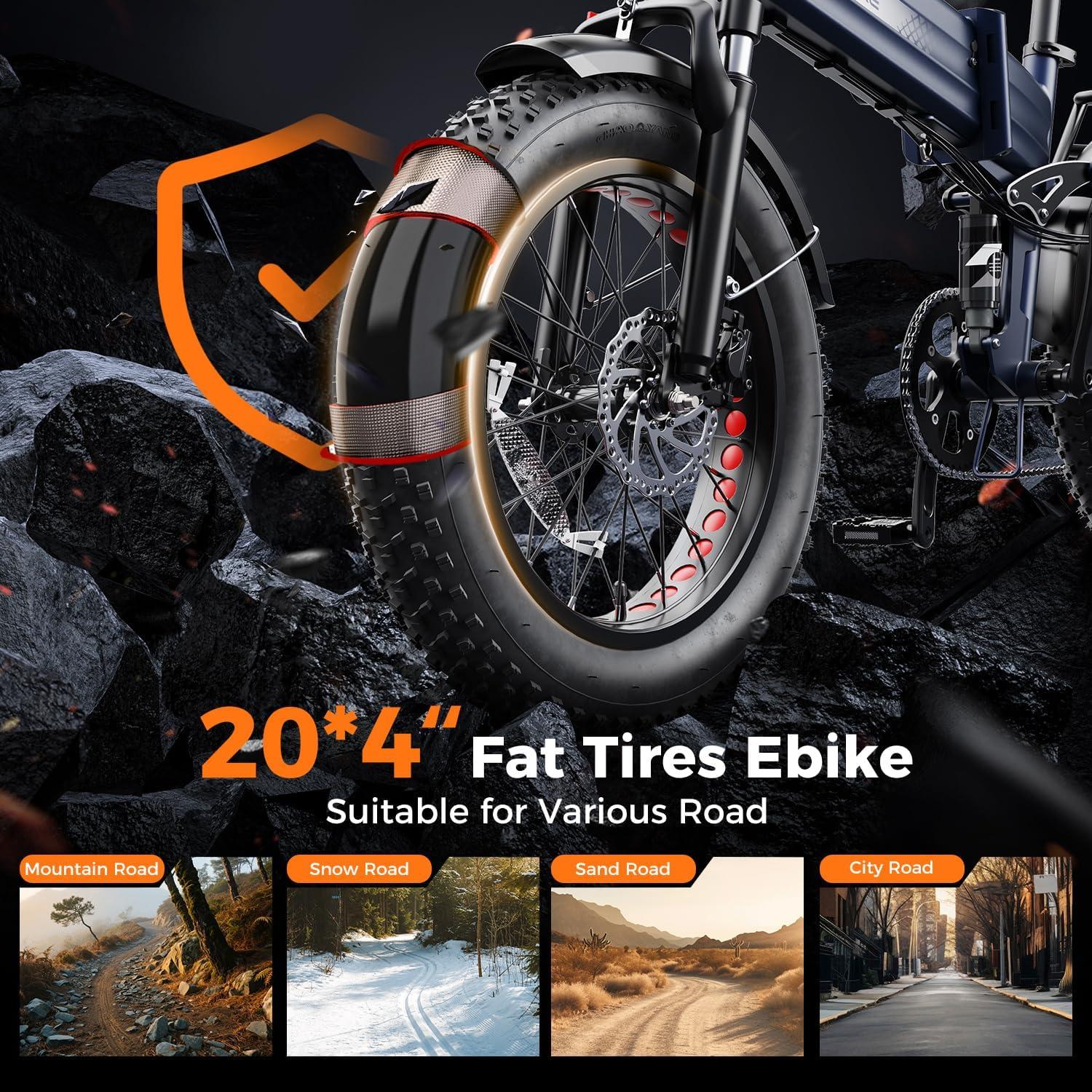 Heybike Mars 2.0/3.0 Foldable Electric Bike, UL2849 Certified, 70+Miles Long Range, 1400W/1800W Peak Motor 32MPH, 624WH Removable Battery, 20″*4 Fat Tire Ebike for Snow, Commute, Full Suspension(Navy Blue)