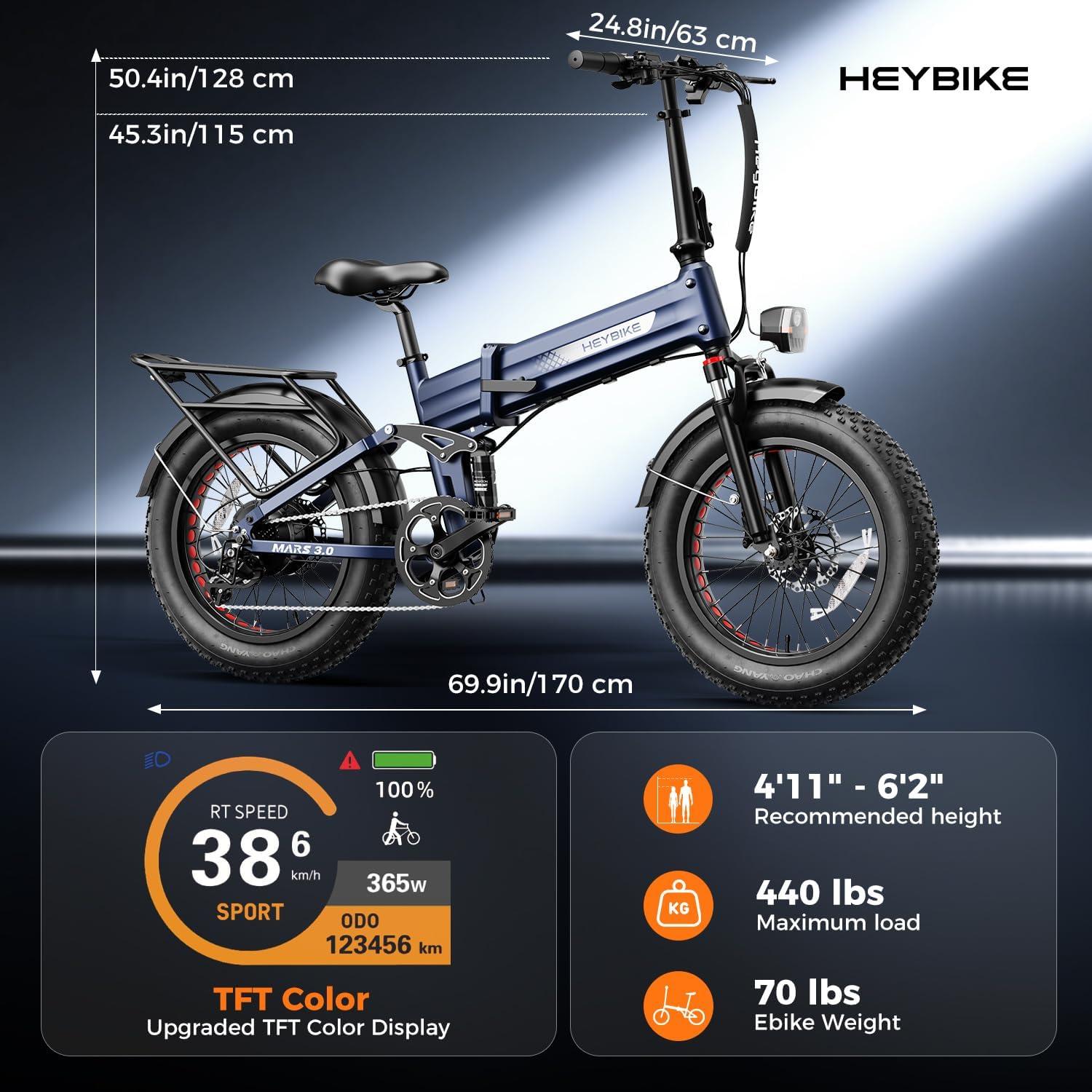 Heybike Mars 2.0/3.0 Foldable Electric Bike, UL2849 Certified, 70+Miles Long Range, 1400W/1800W Peak Motor 32MPH, 624WH Removable Battery, 20″*4 Fat Tire Ebike for Snow, Commute, Full Suspension(Navy Blue)