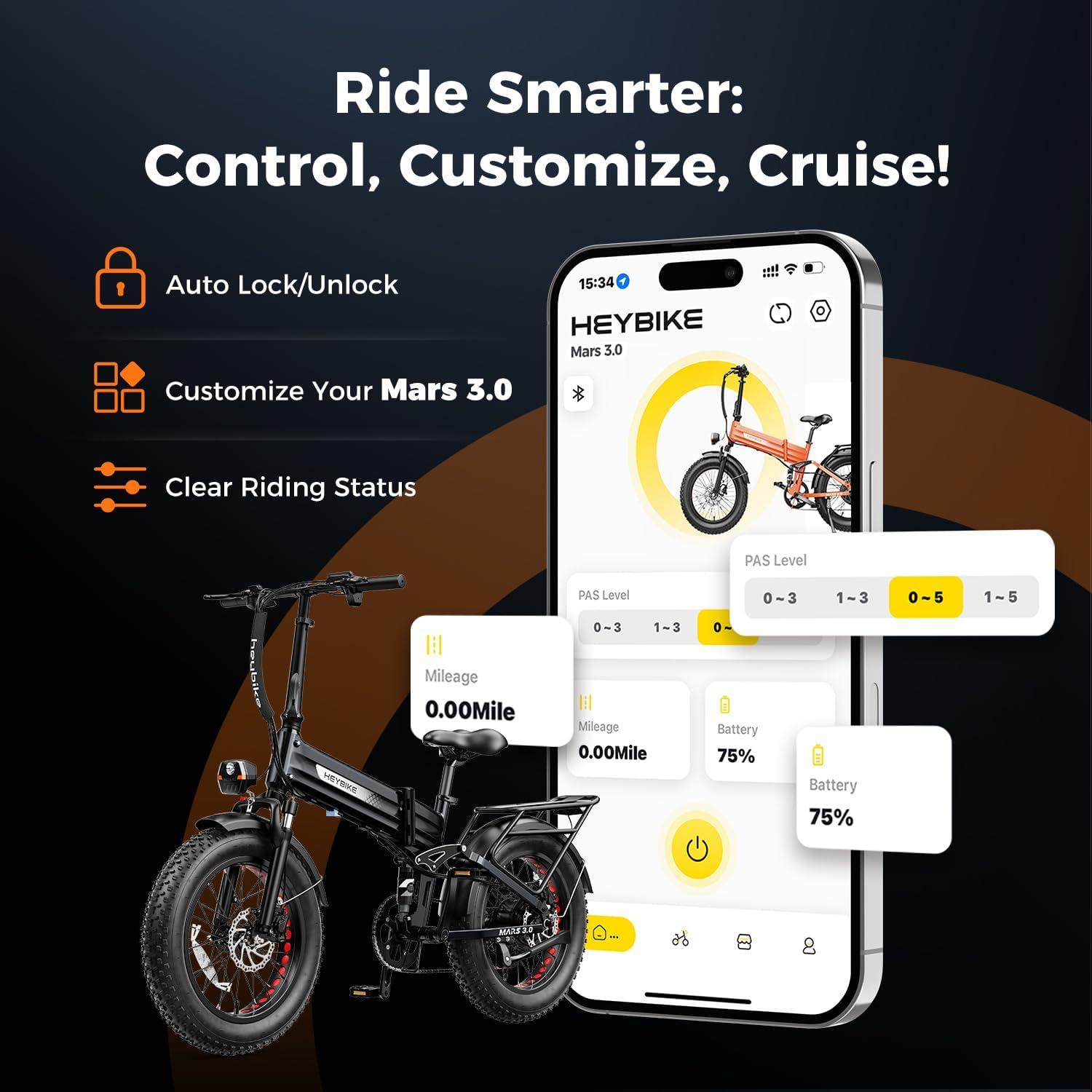 Heybike Mars 2.0/3.0 Foldable Electric Bike, UL2849 Certified, 70+Miles Long Range, 1400W/1800W Peak Motor 32MPH, 624WH Removable Battery, 20″*4 Fat Tire Ebike for Snow, Commute, Full Suspension(Dark Gray)