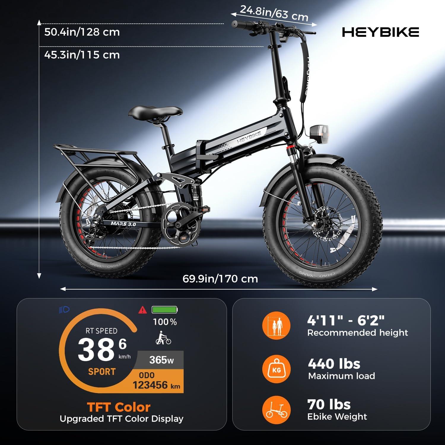Heybike Mars 2.0/3.0 Foldable Electric Bike, UL2849 Certified, 70+Miles Long Range, 1400W/1800W Peak Motor 32MPH, 624WH Removable Battery, 20″*4 Fat Tire Ebike for Snow, Commute, Full Suspension(Dark Gray)