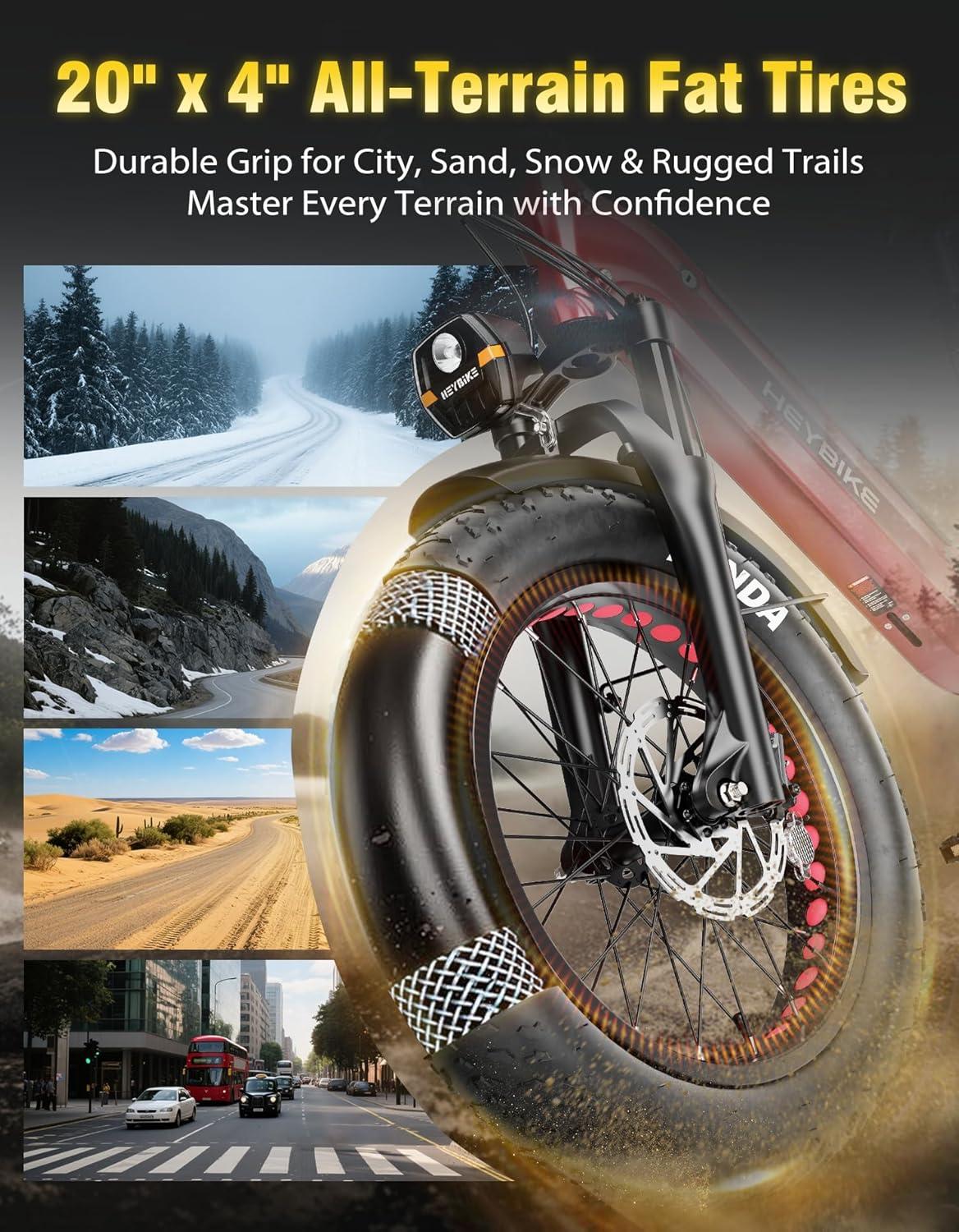 Heybike Ranger Foldable Electric Bike for Adults, 1200W/1800W Peak Motor, 28/32MPH E Bike, 55/90 Miles Range, 20″x4.0″ Fat Tire Ebike with Removable Battery, Hydraulic Brakes for Snow, Beach,Commuting(90 Miles-Coral Red)