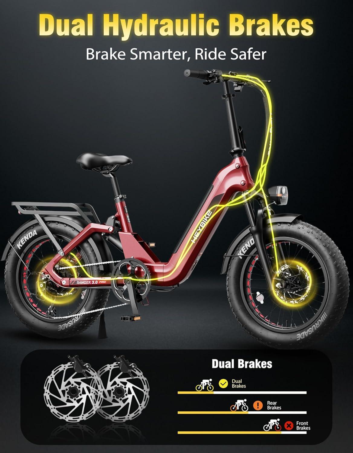 Heybike Ranger Foldable Electric Bike for Adults, 1200W/1800W Peak Motor, 28/32MPH E Bike, 55/90 Miles Range, 20″x4.0″ Fat Tire Ebike with Removable Battery, Hydraulic Brakes for Snow, Beach,Commuting(90 Miles-Coral Red)