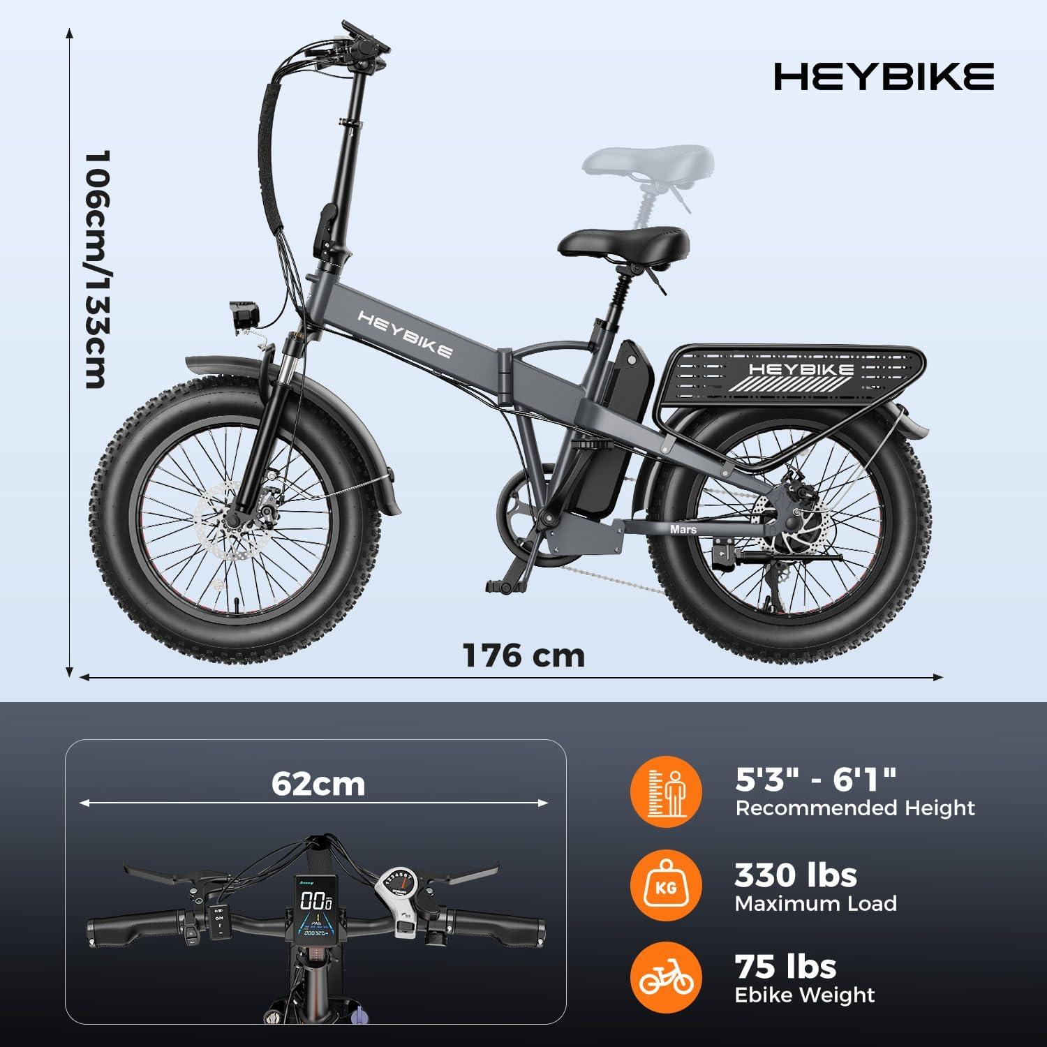 Heybike Mars 2.0/3.0 Foldable Electric Bike, UL2849 Certified, 70+Miles Long Range, 1400W/1800W Peak Motor 32MPH, 624WH Removable Battery, 20″*4 Fat Tire Ebike for Snow, Commute, Full Suspension(Steel Gray+Front Basket)