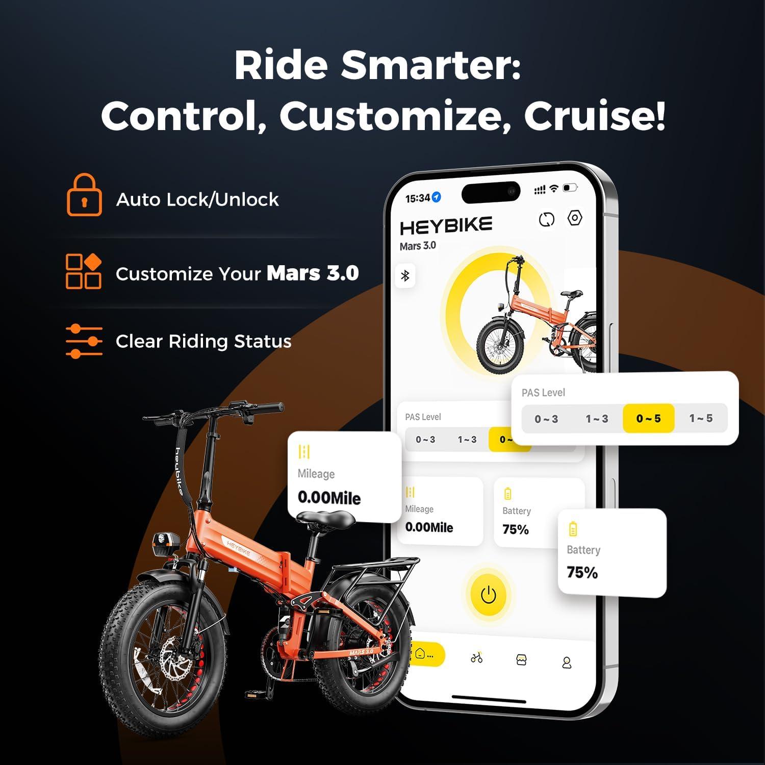 Heybike Mars 2.0/3.0 Foldable Electric Bike, UL2849 Certified, 70+Miles Long Range, 1400W/1800W Peak Motor 32MPH, 624WH Removable Battery, 20″*4 Fat Tire Ebike for Snow, Commute, Full Suspension(Flame Orange)