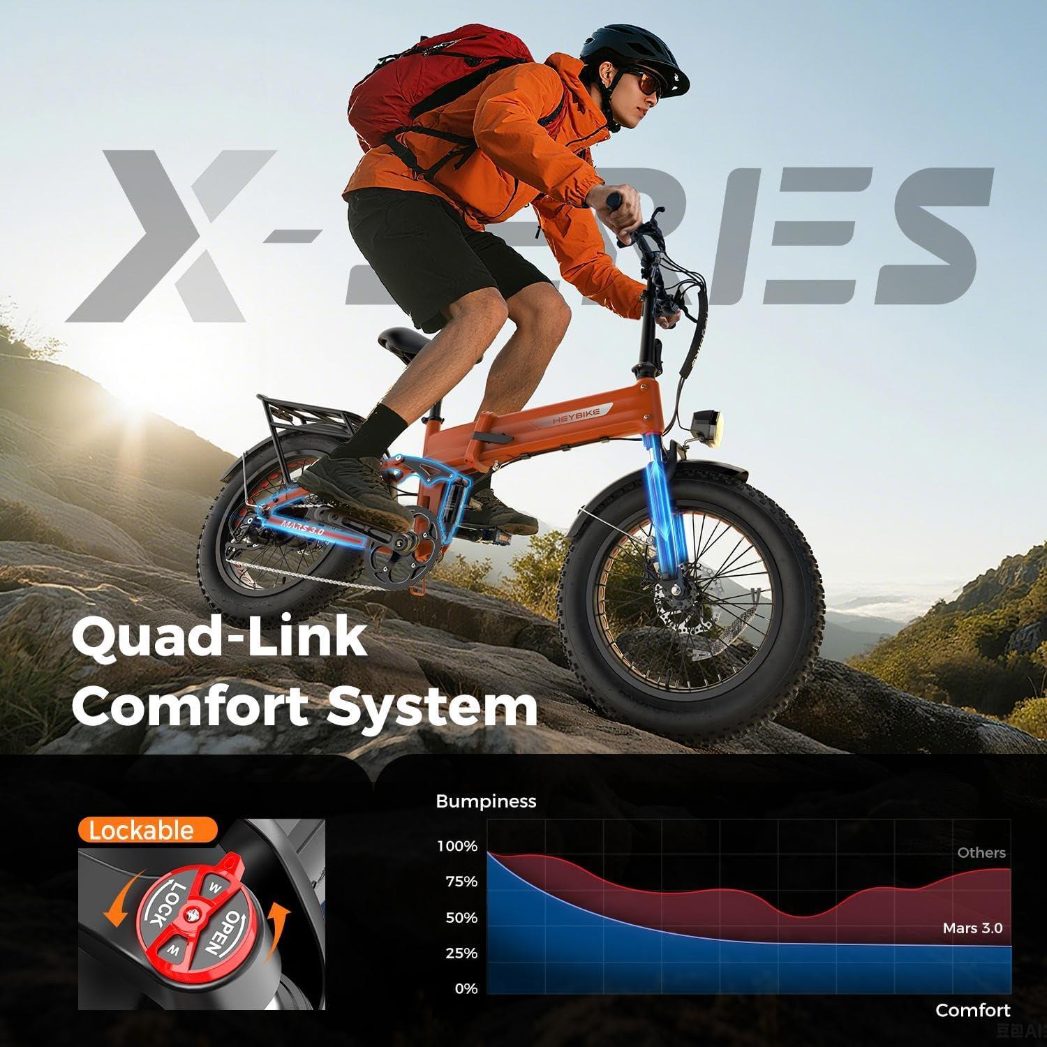 Heybike Mars 2.0/3.0 Foldable Electric Bike, UL2849 Certified, 70+Miles Long Range, 1400W/1800W Peak Motor 32MPH, 624WH Removable Battery, 20″*4 Fat Tire Ebike for Snow, Commute, Full Suspension(Flame Orange)