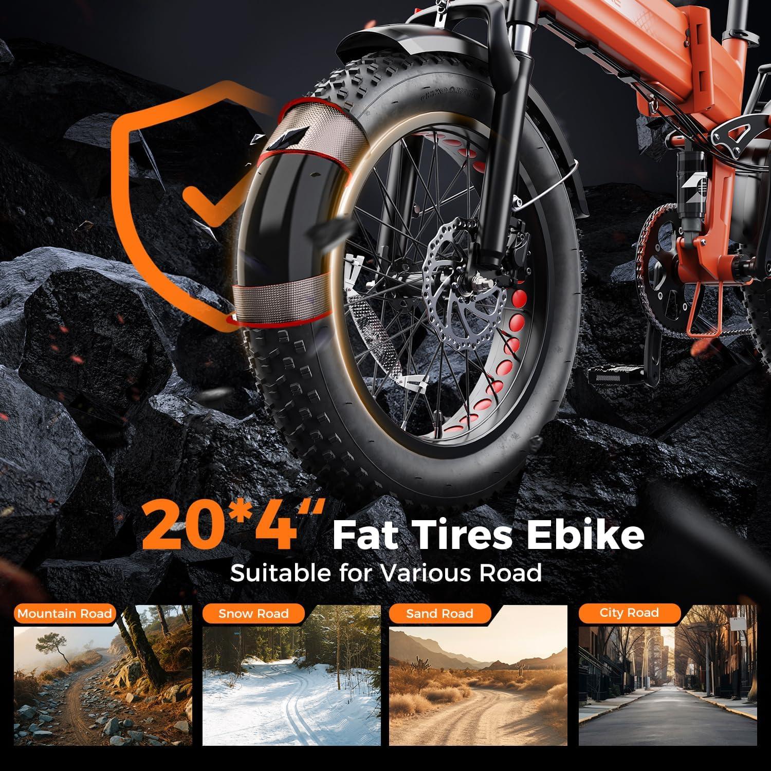Heybike Mars 2.0/3.0 Foldable Electric Bike, UL2849 Certified, 70+Miles Long Range, 1400W/1800W Peak Motor 32MPH, 624WH Removable Battery, 20″*4 Fat Tire Ebike for Snow, Commute, Full Suspension(Flame Orange)